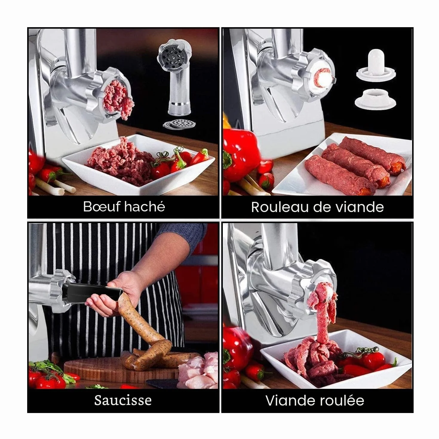 Edihome, Hachoir a Viande Electrique, avec Poussoir a Saucisse, Hachoir à Viande Professionnel, 2200W, Multifonction avec 3 Plaques de Coupe (Noir/Blanc)