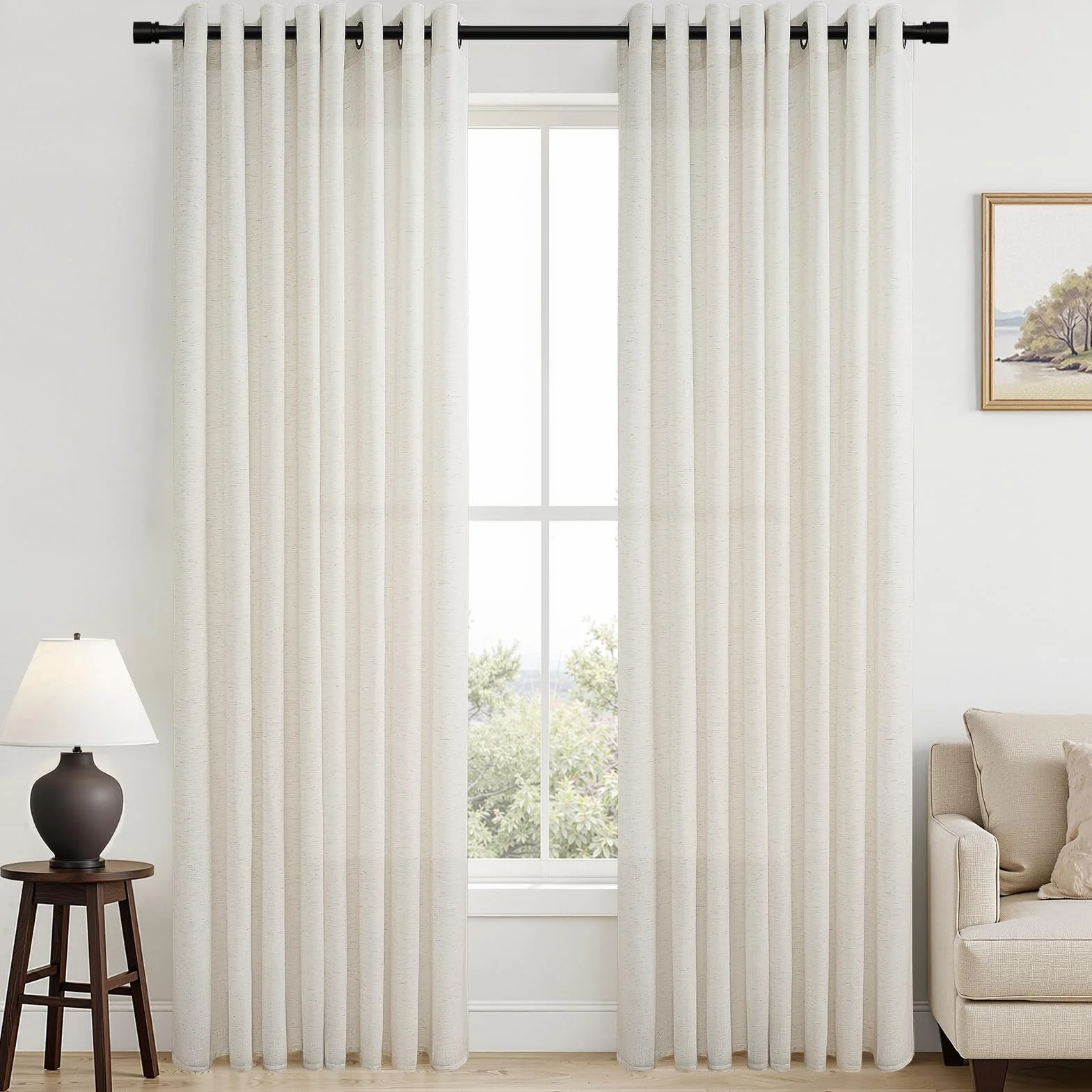 Topfinel Rideau Voilage Lin Coton 140x240cm Beige Semi Occultant à Oeillets 2pcs