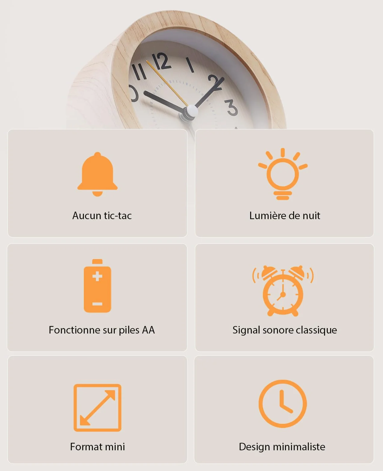 Réveil Matin Silencieux sans Tic-tac en ABS Léger Recyclable Motif Bois Veilleuse Douce