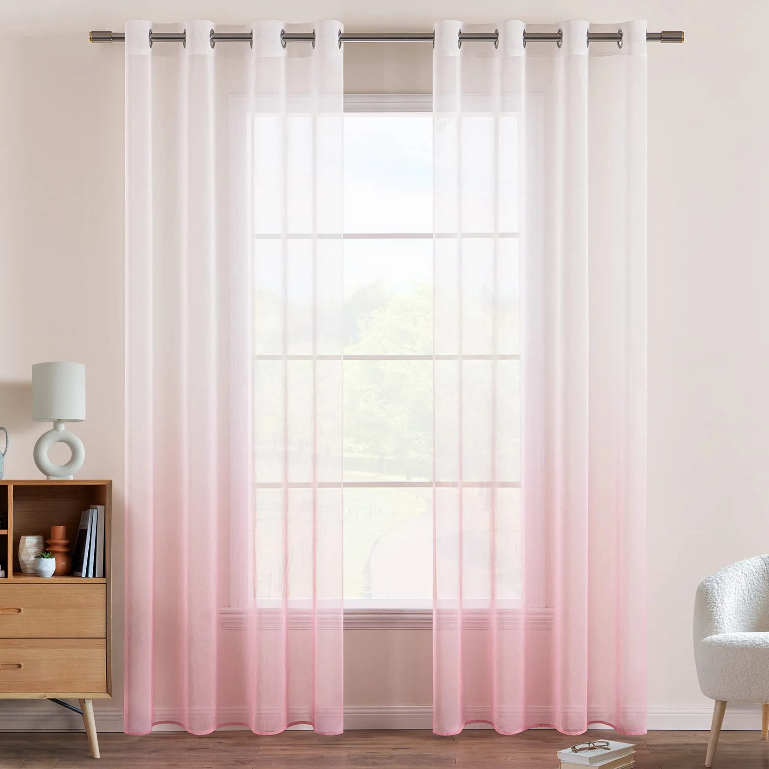 EMEMA Rideaux Dégradé à Oeillet en Polyester Couleur Changée Voile Ombre Demi-Transparent 140x245cm Rose Lot de 2