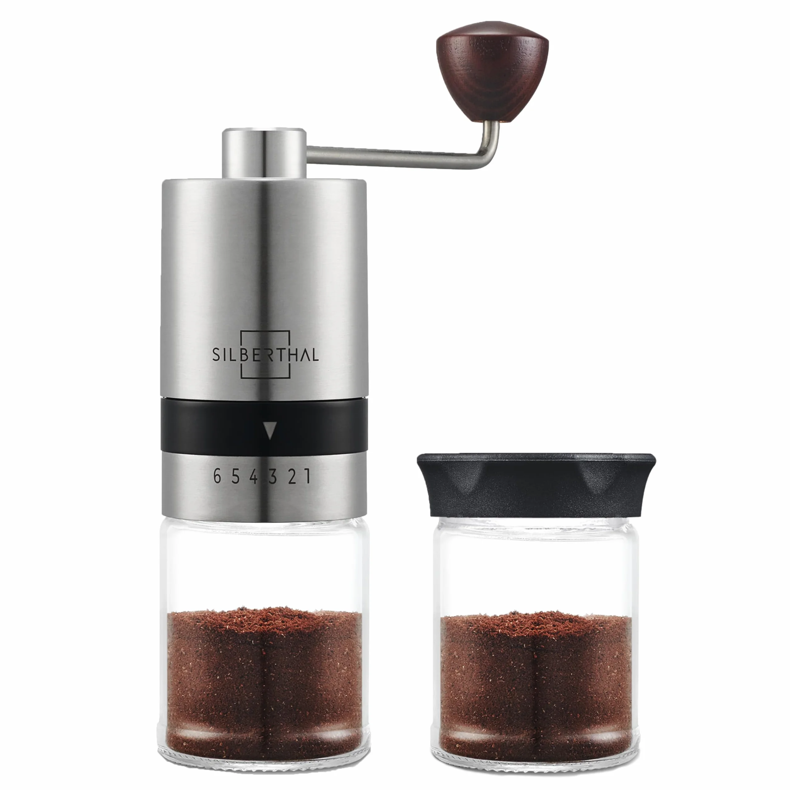SILBERTHAL Moulin A Café Manuel - Acier INOX - 6 Niveaux Réglables - Broyeur Portable Grains De Café - avec Récipient De Stockage Et Brosse de Nettoyage