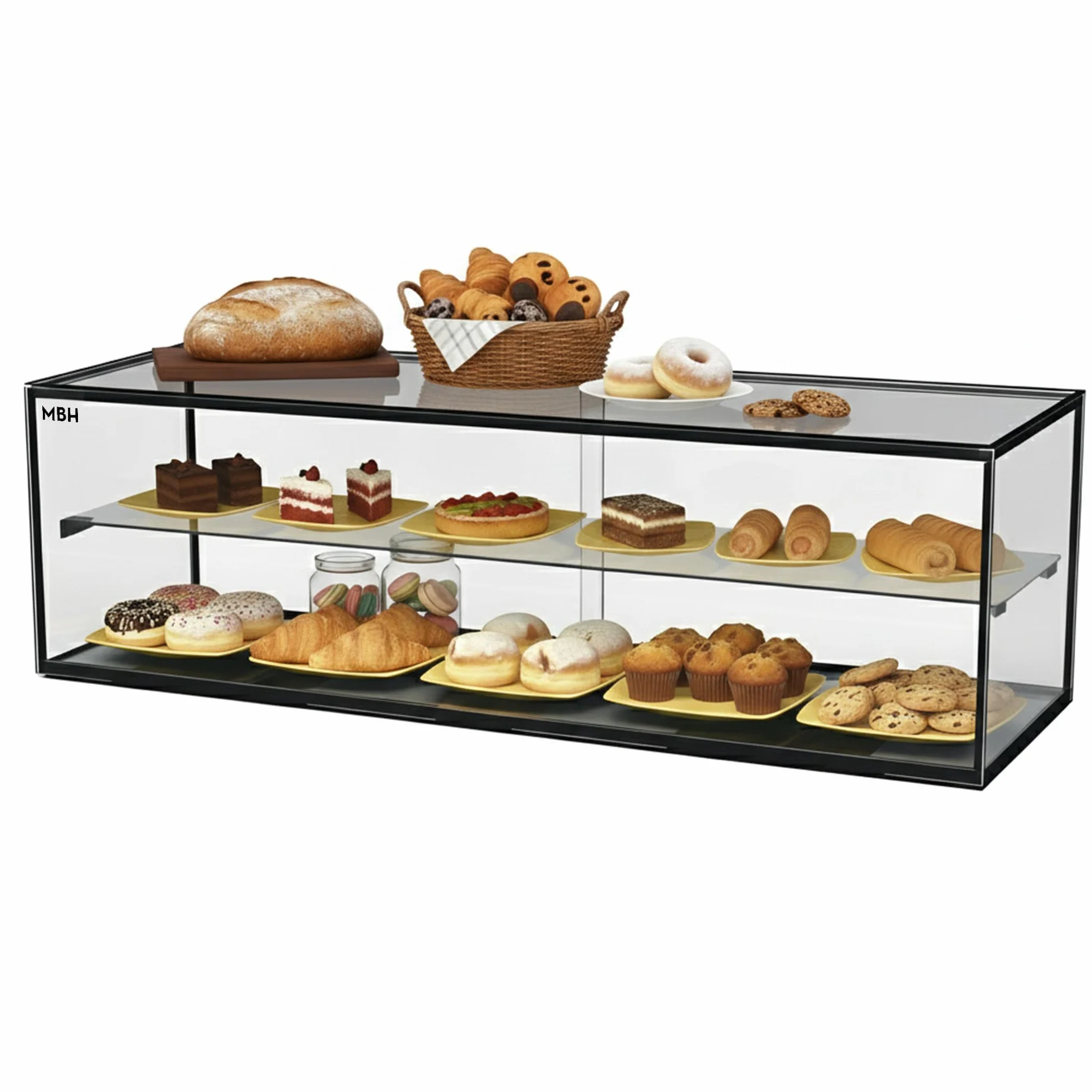 MBH - Vitrine Neutre de comptoir 120x39 cm, vitrage Droit trempé, 2 Niveaux, sans éclairage LED, Portes arrière coulissantes, pour Bar, café, Restaurant, viennoiseries et pâtisserie.