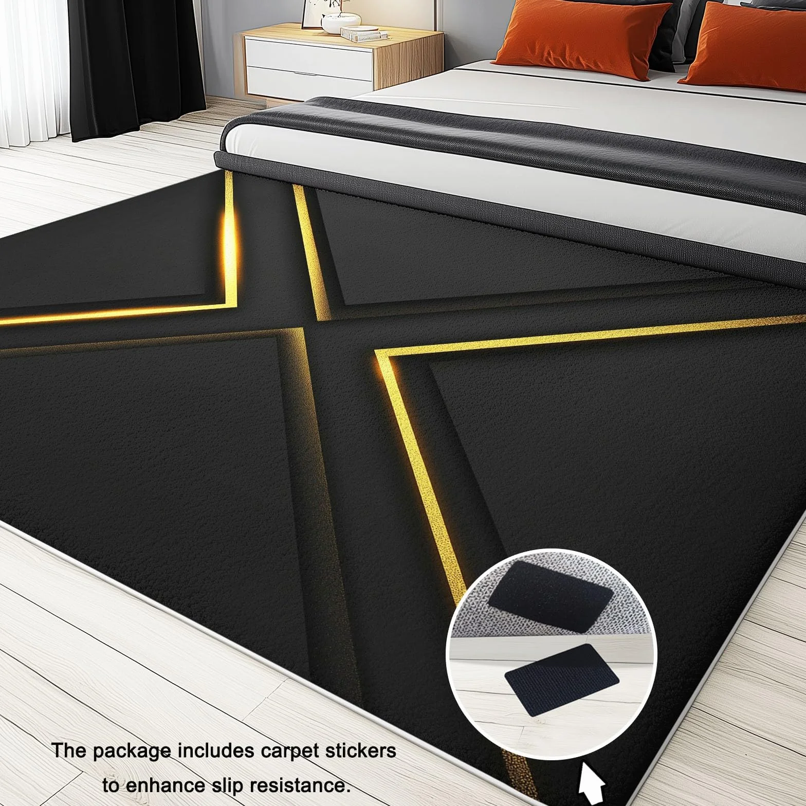 Tapis Salon Chambre Adulte Poil Court Antidérapant Lavable Noir Or 60 x 110 cm
