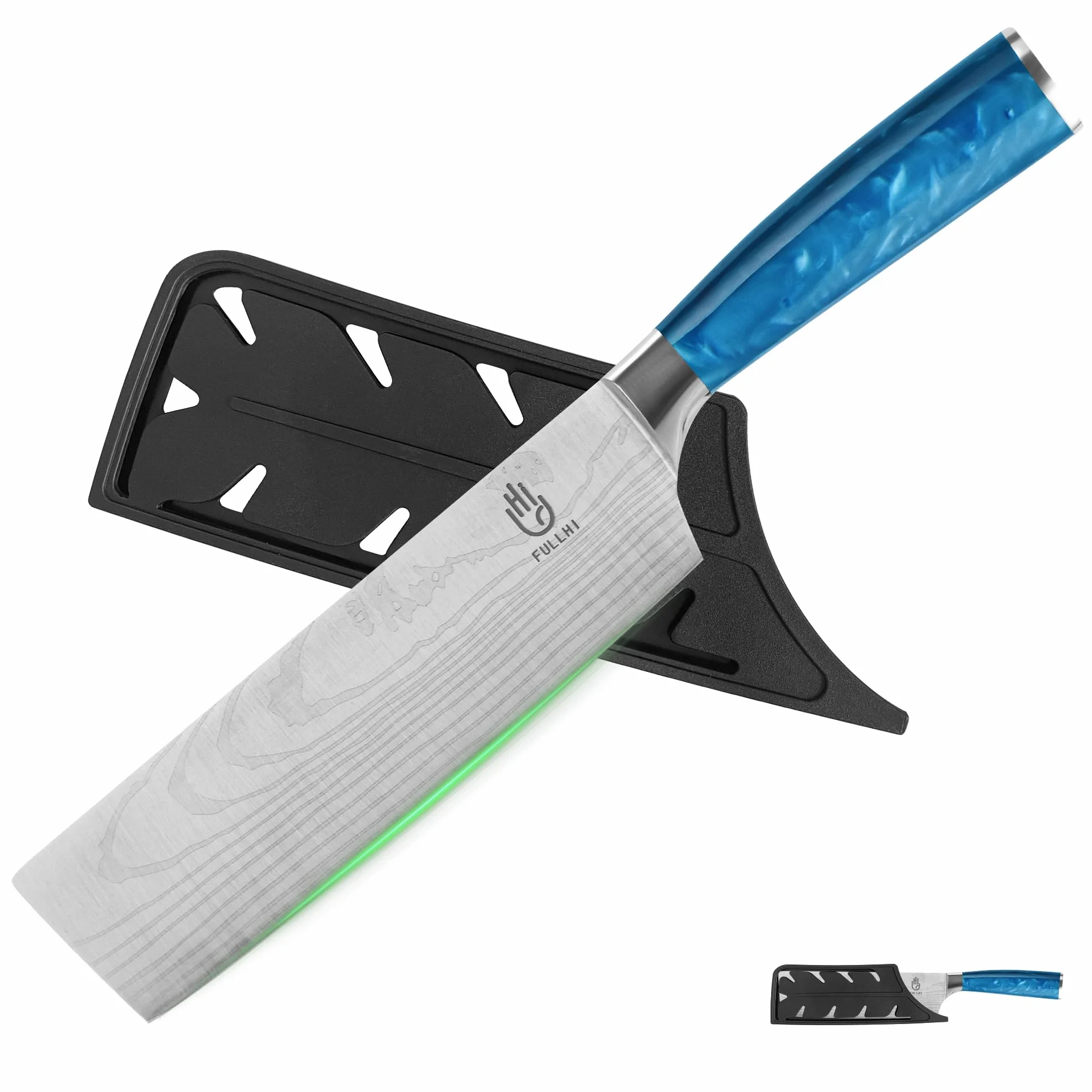 FULLHI Couteau Nakiri, couteau japonais multicolore de 7 pouces avec étui, couteau de cuisine en acier inoxydable pour la cuisson de la viande et des légumes avec protection (Résine bleue)