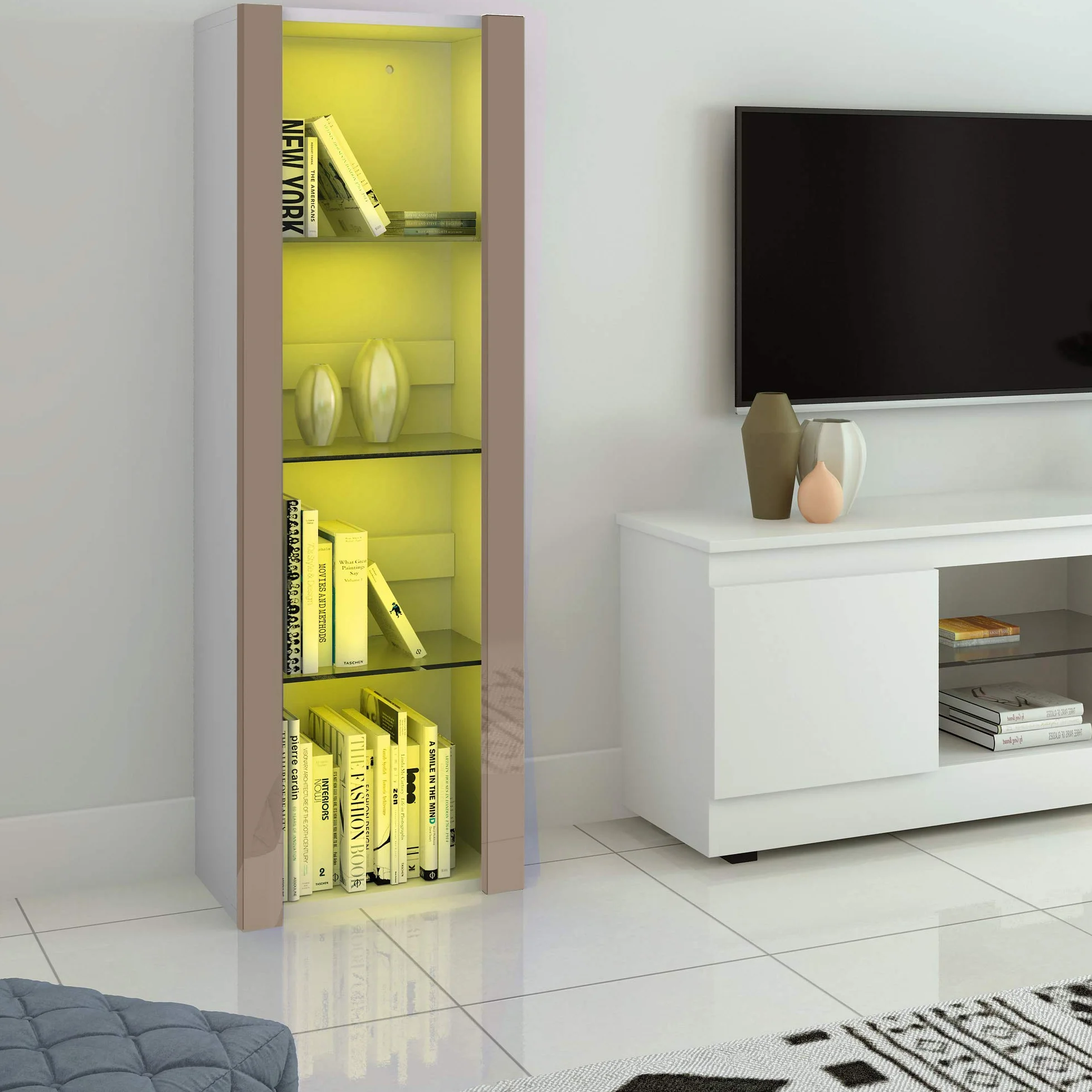 Panana Vitrine Lumières LED Meuble de Rangement avec Etagères sur Salon, Bureau, 55 x 35 x 166 cm (Gris+Blanc)