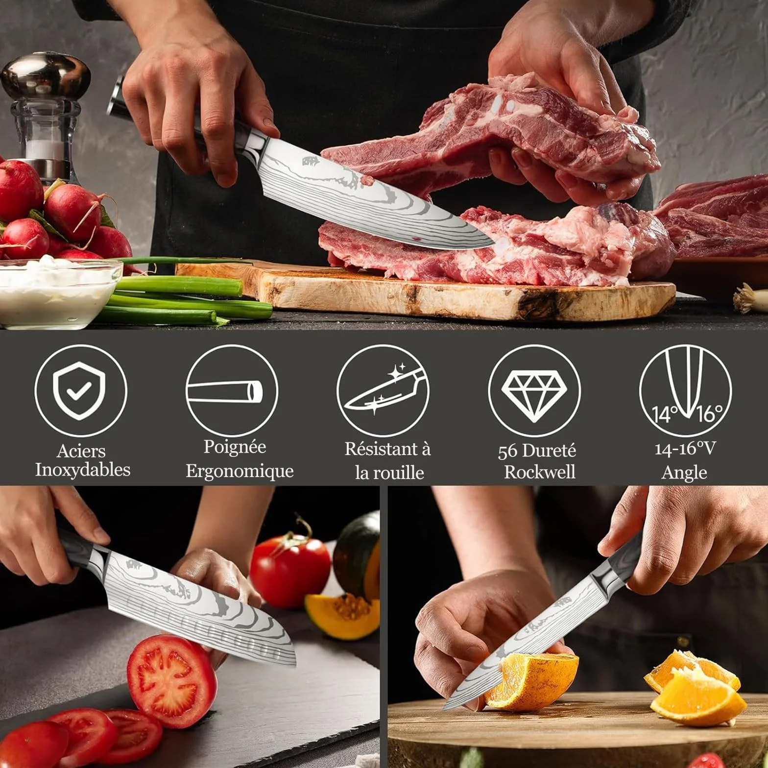 Couteau de Cuisine Japonais Acier Inoxydable Haute Teneur en Carbone, Professionnel (3PCS)