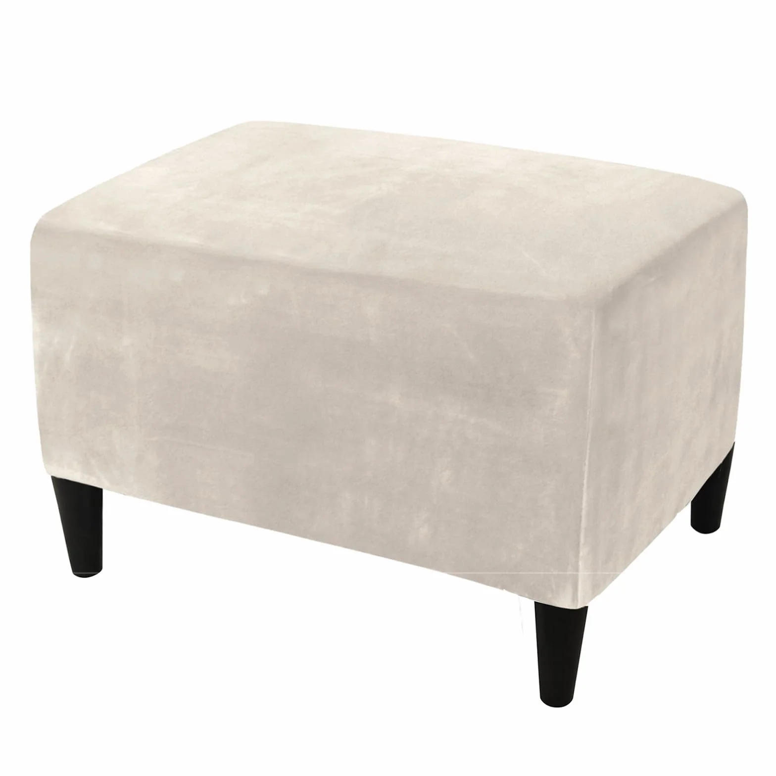 Housse Ottoman Rectangulaire Extensible Velours Repose-Pieds Amovible Antidérapant Blanc Crème