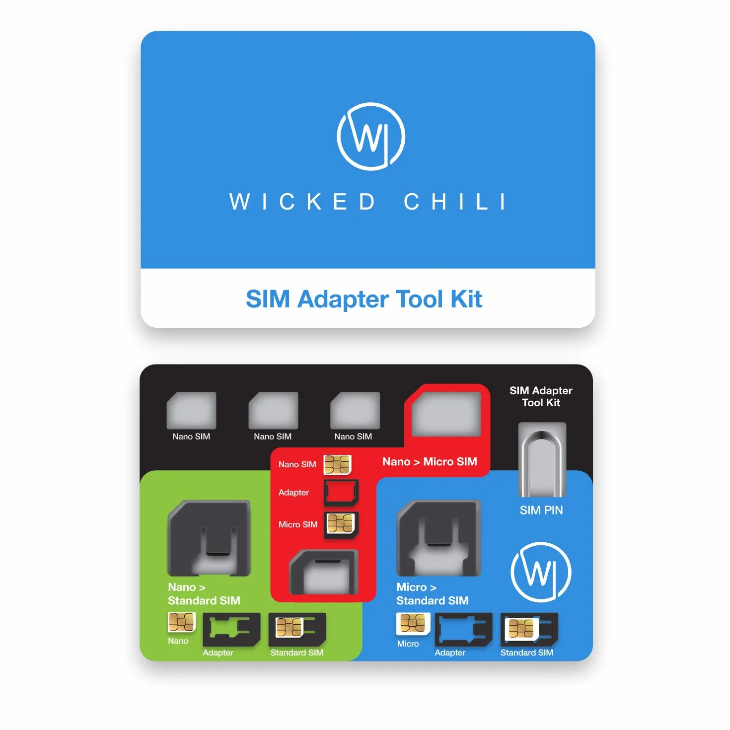 Wicked Chili 8 w 1 Multi SIM-Card Tool do wszystkich kart SIM, z 3 adapterami SIM, przegródką do przechowywania 3 nano i 1 karty micro SIM i igłą SIM, zestaw podróżny w formacie karty kredytowej