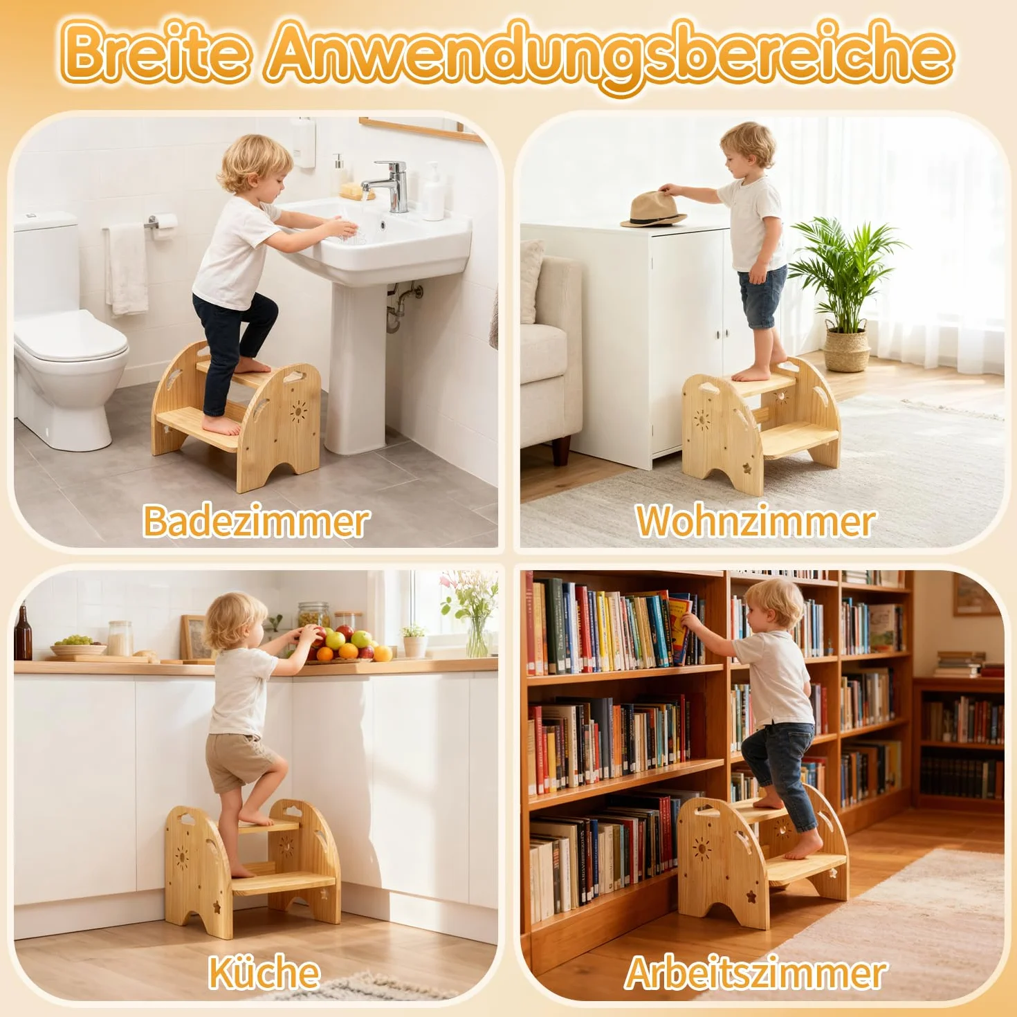 Escabeau pour Enfants,Tabouret en Bois,Petit Repose-Pieds,Marchepied en Bois pour Enfant à 2 Marches,pour Cuisine Et Salle De Bain à Partir De 2 Ans