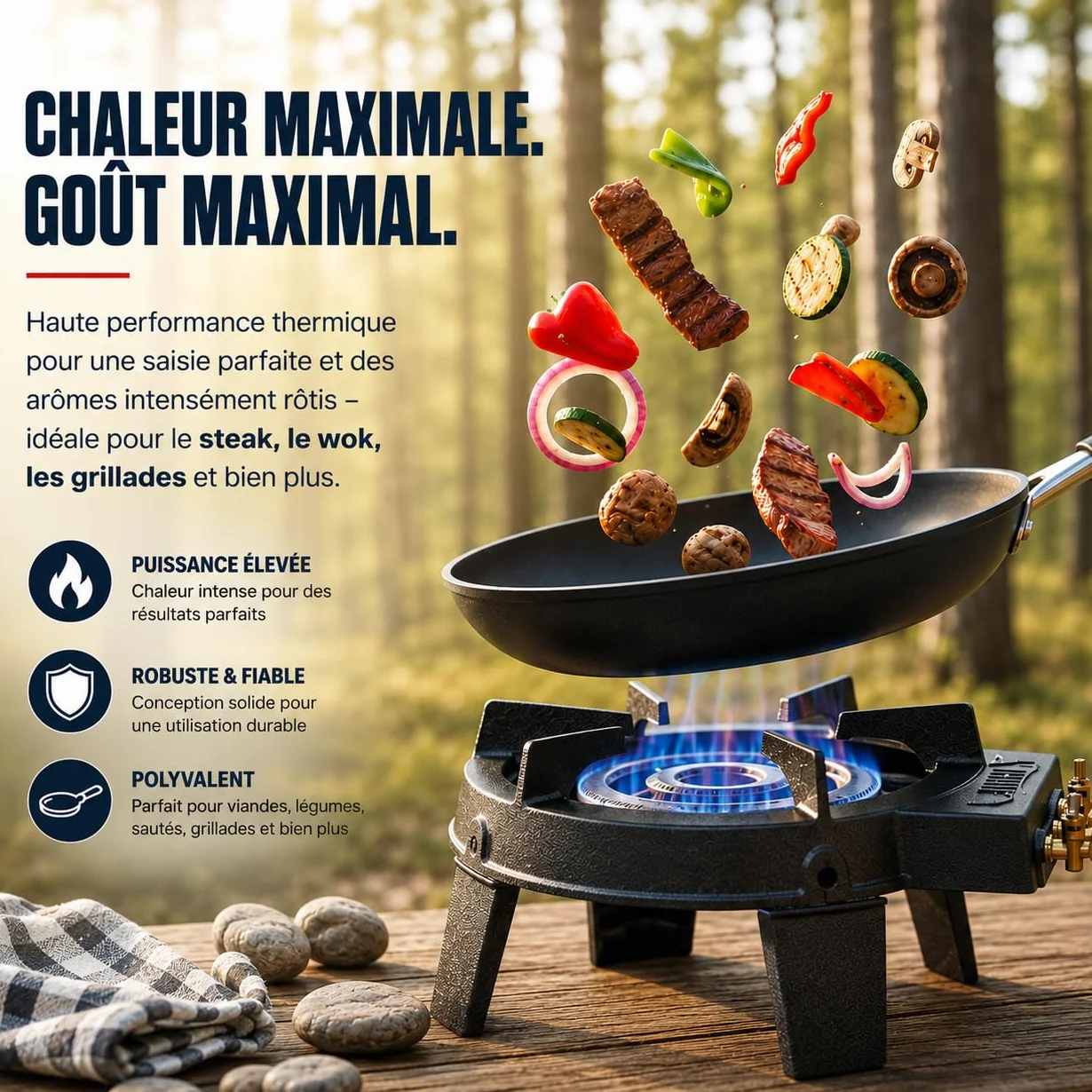 Royal Swiss Réchaud à Gaz 3 Robinets en Fonte, Trépied Gaz pour Paella et Grandes Marmites, Brûleur Butane Propane, Gazinière Extérieure avec 4 Pieds, Noir