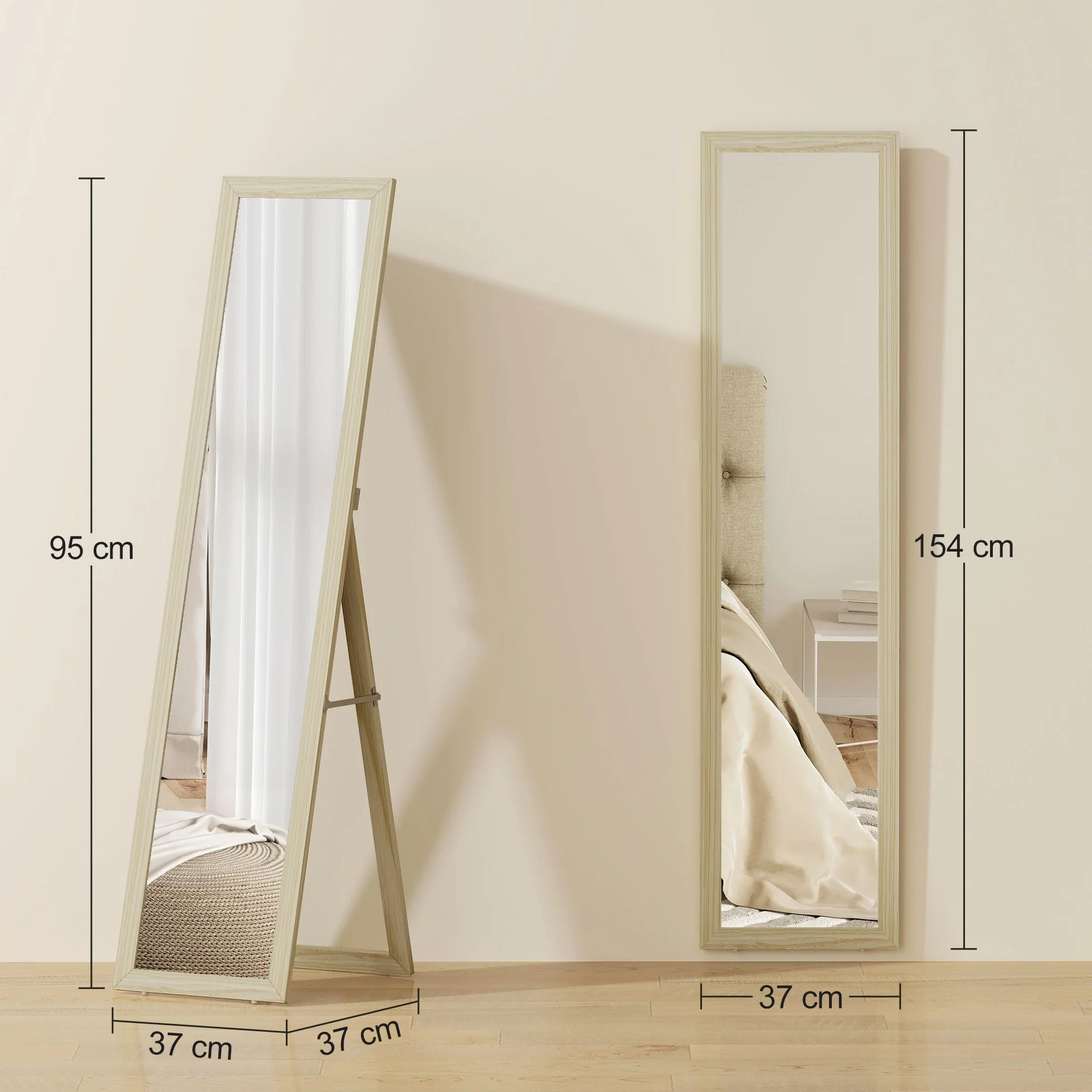 HOMCOM Miroir sur Pied et Mural Rectangulaire, Miroir de Sol Pleine Longueur pour Dressing, Chambre, Salon, 37 x 37 x 154 cm, Bois Naturel