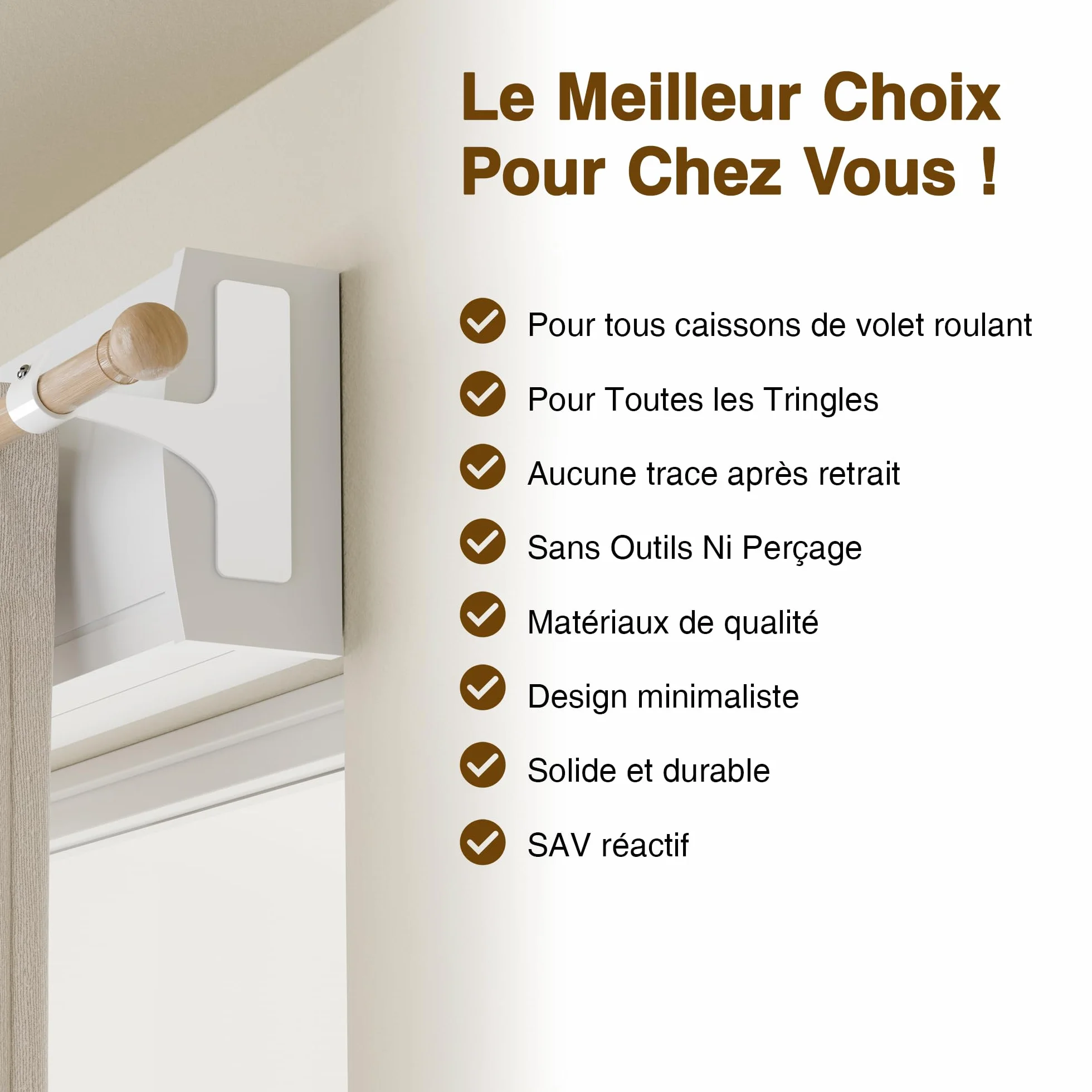 Support Tringle Rideaux sans Perçage pour Coffre Volet Roulant, Fixation Autocollante, 19-28 mm, Lot de 2, Métal Résistant