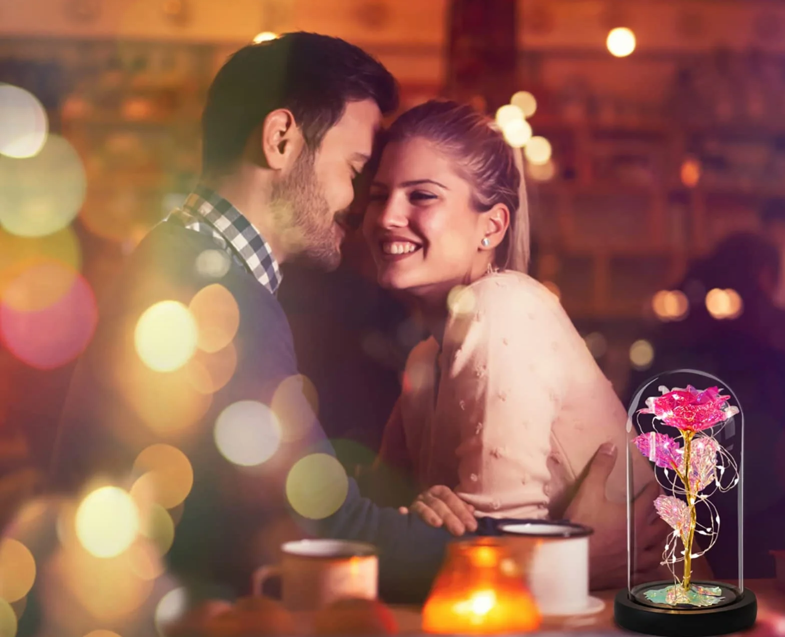 Rose Eternelle sous Cloche Galaxy Rose La Belle et la Bête avec LED Lumières Cadeau Fête des Mères pour Femmes