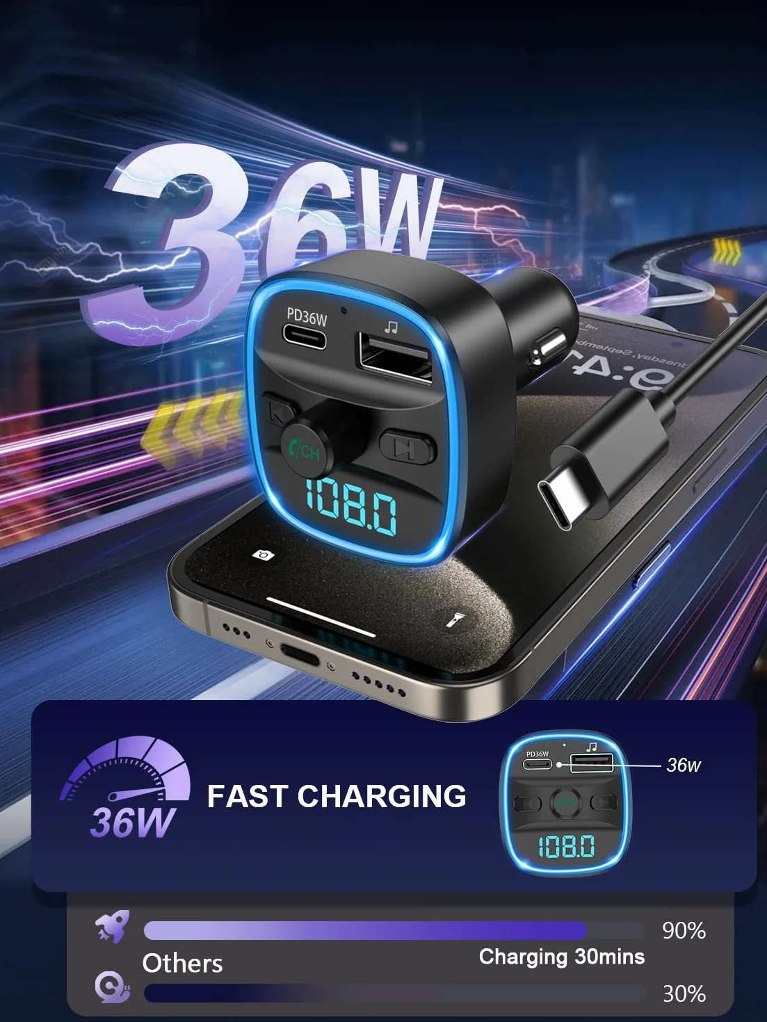 ORIA Nadajnik FM Bluetooth 5.3, bezprzewodowy adapter radia samochodowego z szybkim ładowaniem PD 36 W, podświetlenie LED, zestaw głośnomówiący, kompatybilny z Bluetooth, karta TF, pamięć USB