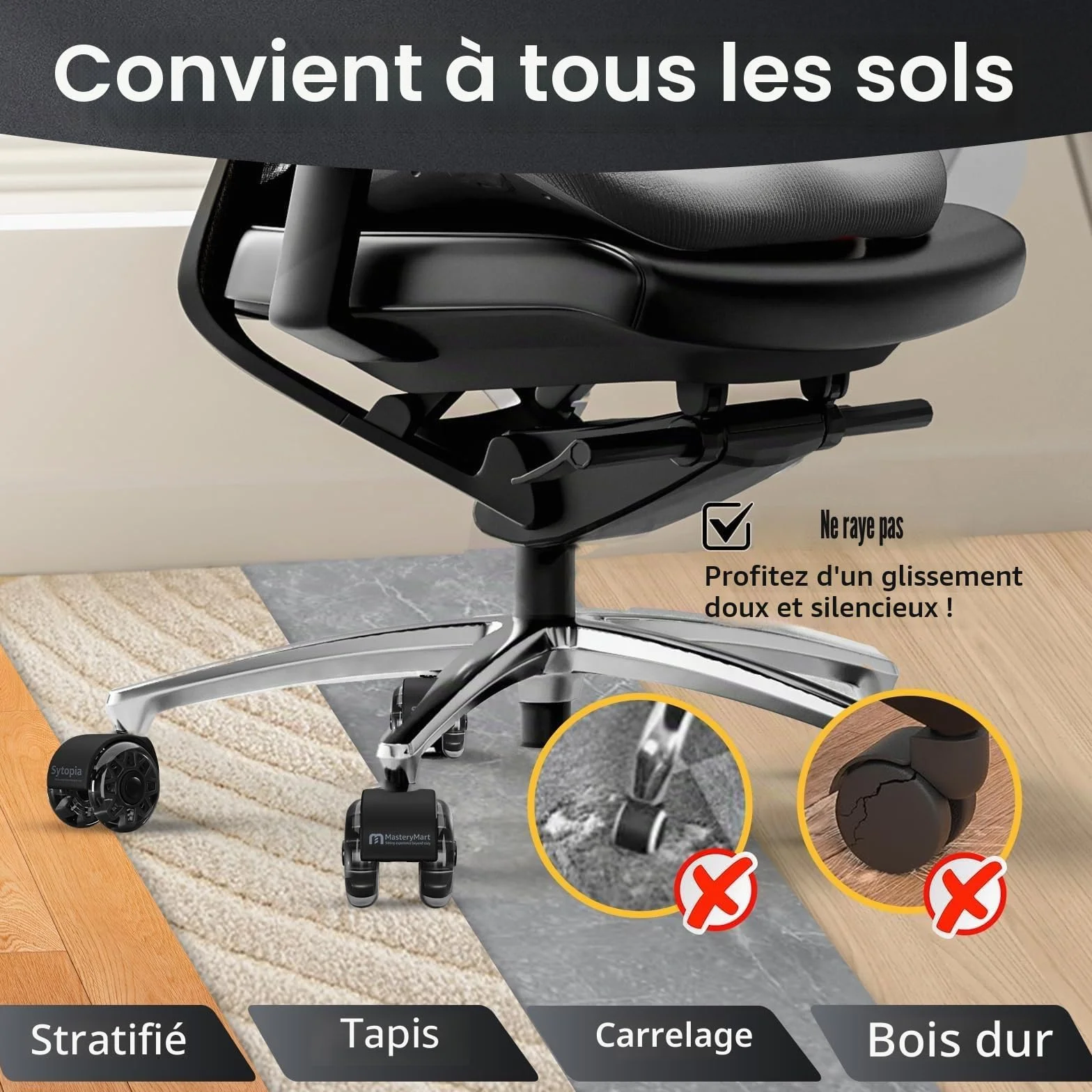 Mastery Mart Lot de 5 roulettes pour chaises de bureau, 11 mm, hauteur 70 mm, pour sols durs, chaise de bureau, parquet, convient pour 98 % des roulettes de chaise, ne convient pas pour 1KEA, noires
