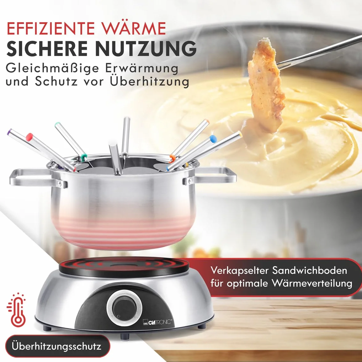 Clatronic 263981 FD 3783 Faitout électrique avec protection anti-éclaboussures amovible pour 8 personnes avec code couleur Capacité max. 1,2 l/1400 W Acier inoxydable