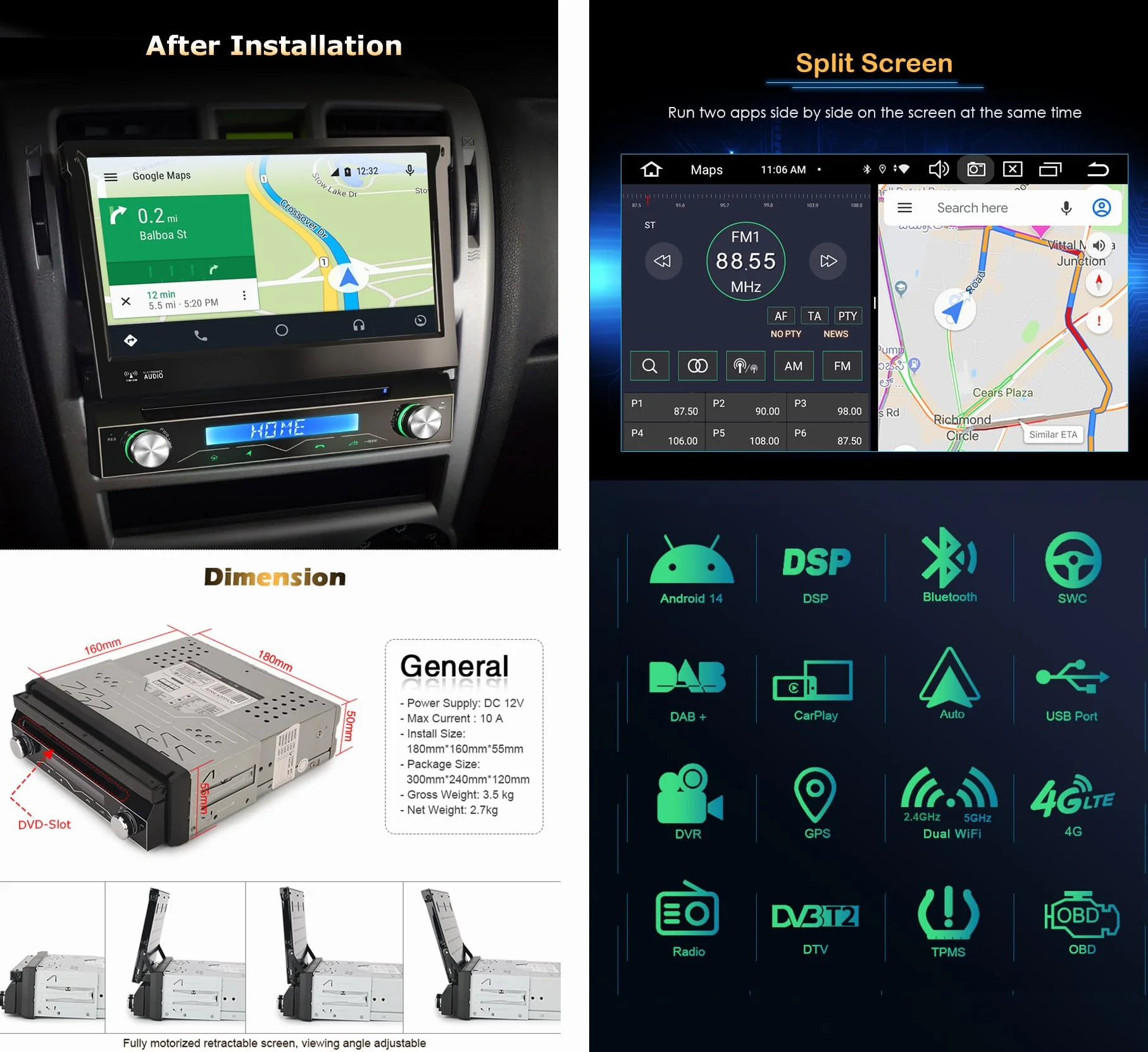 8 rdzeni 4GB+64GB Android 14 Radio samochodowe Nawigator GPS Universal 1 Din DVR Bezprzewodowy odtwarzacz CD/DVD CarPlay Android Auto WiFi DSP RDS 4G Bluetooth 5. 0 ekran dotykowy