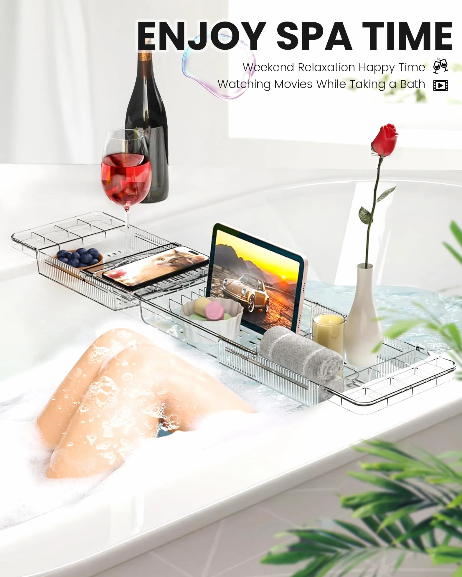 Plateau Baignoire Extensible en Acrylique avec Support pour Bougie, Verre, Livre, Tablette, Ipad et Téléphone
