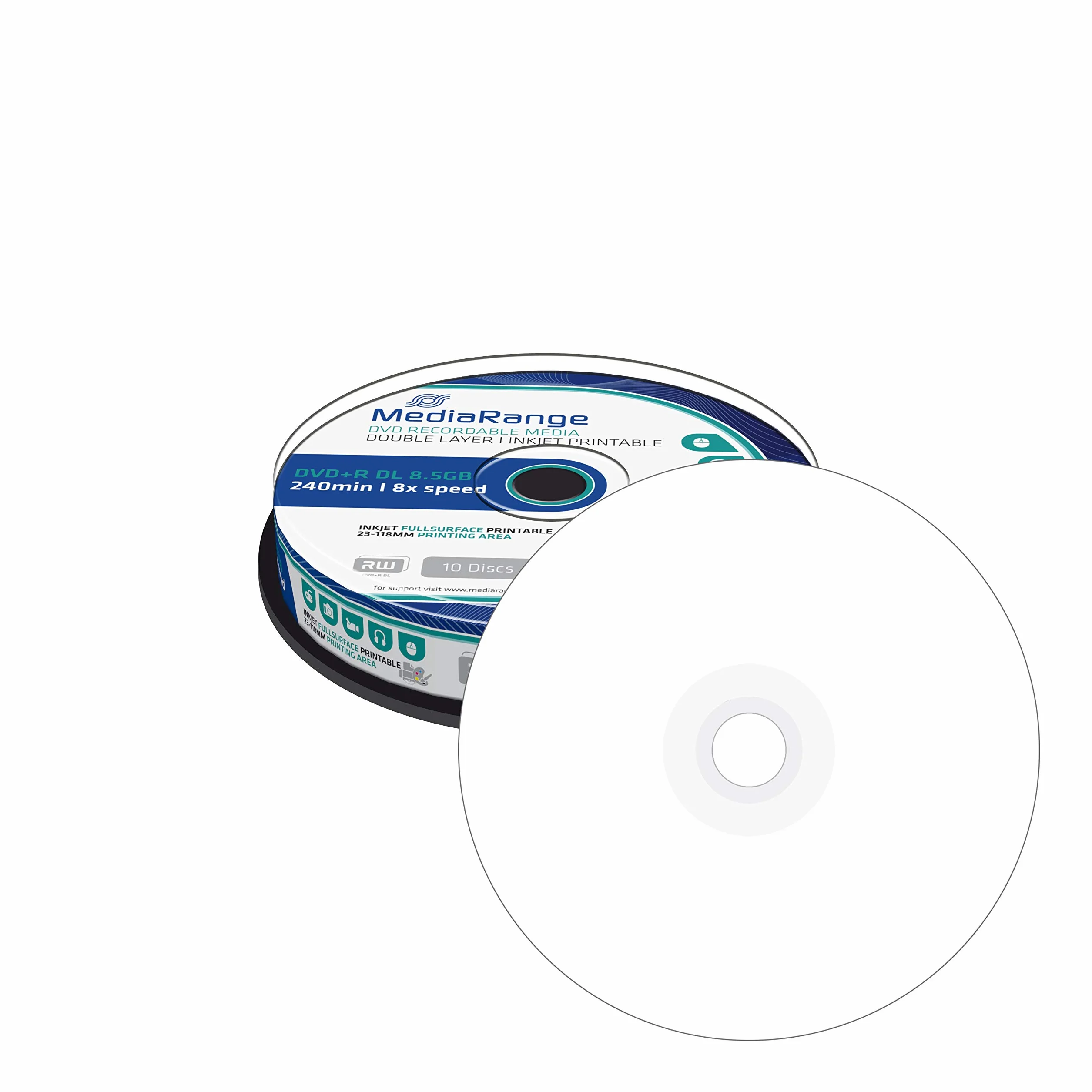Mediarange MR468 DVD+R DL 8.5GB 8X Cake Box Imprimable par Jet d'encre Blanc Lot de 10
