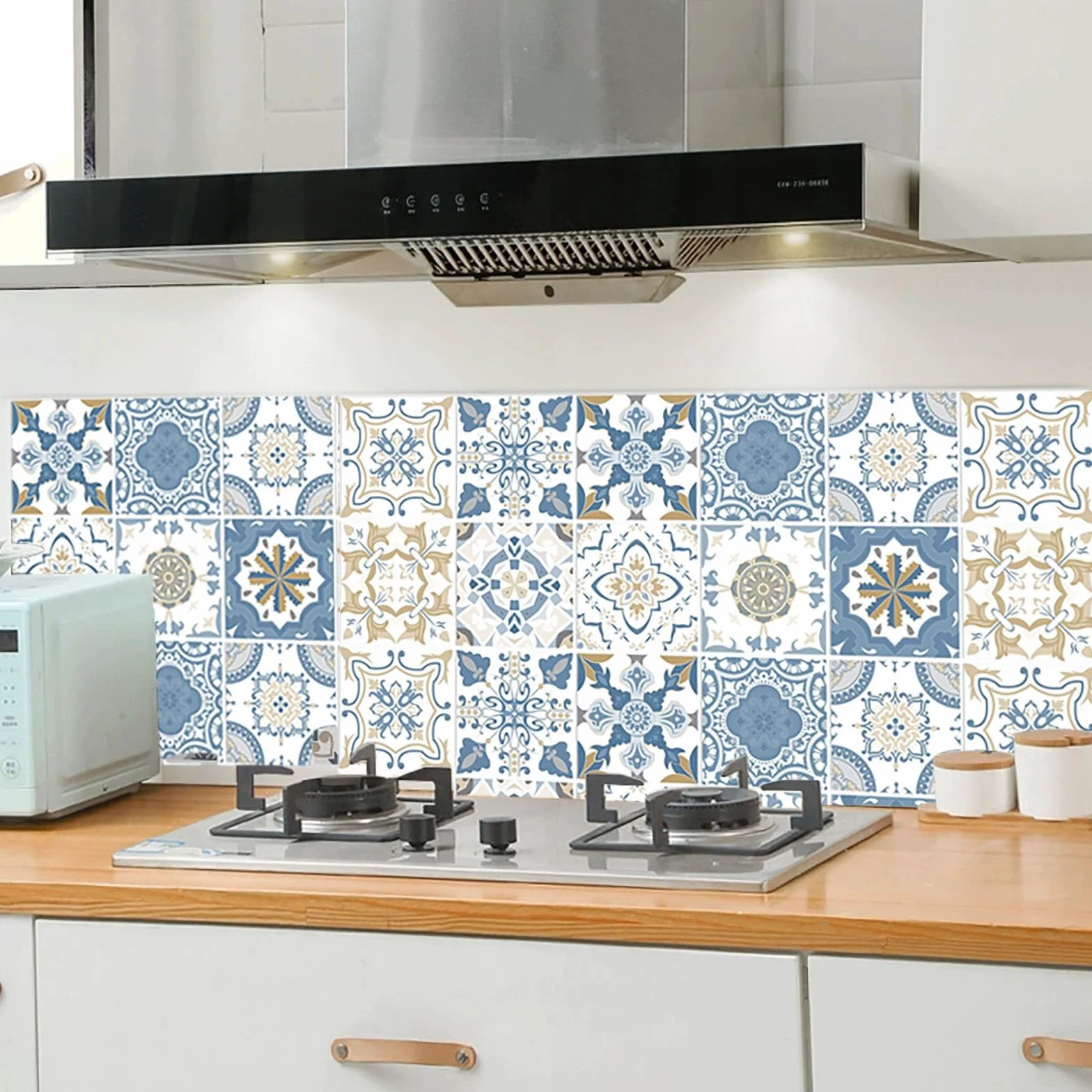 Lot de 24 autocollants carreaux bleus victoriens vintage autocollants muraux auto-adhésifs étanches pour cuisine et salle de bain