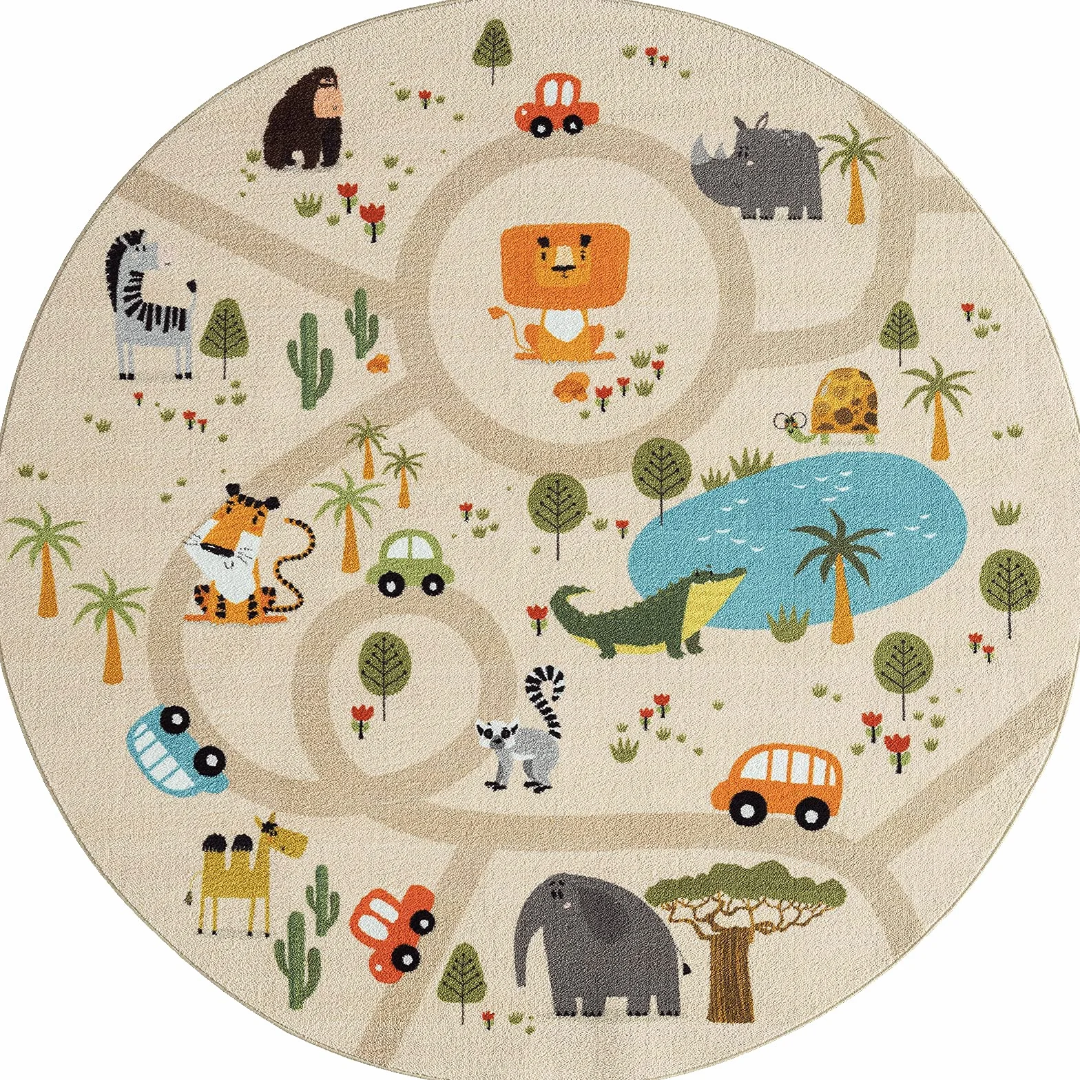 Tapis de Jeu Happy Life Rond Beige 160 x 160 cm Motif Route Animaux Voitures Enfants