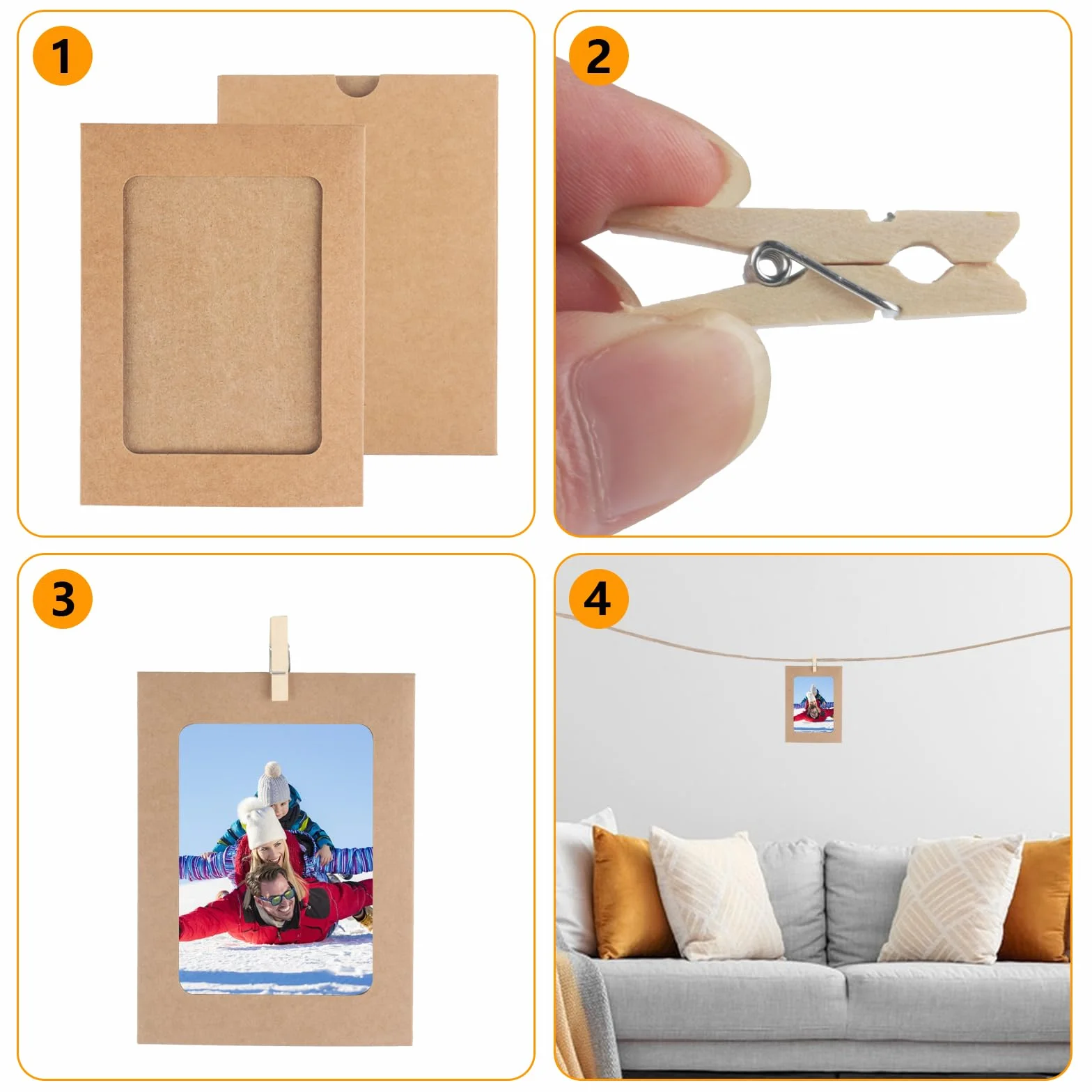 Cadres en Carton Kraft Papier avec Pinces en Bois et Corde de Chanvre, Décoration Murale (jaune lin)
