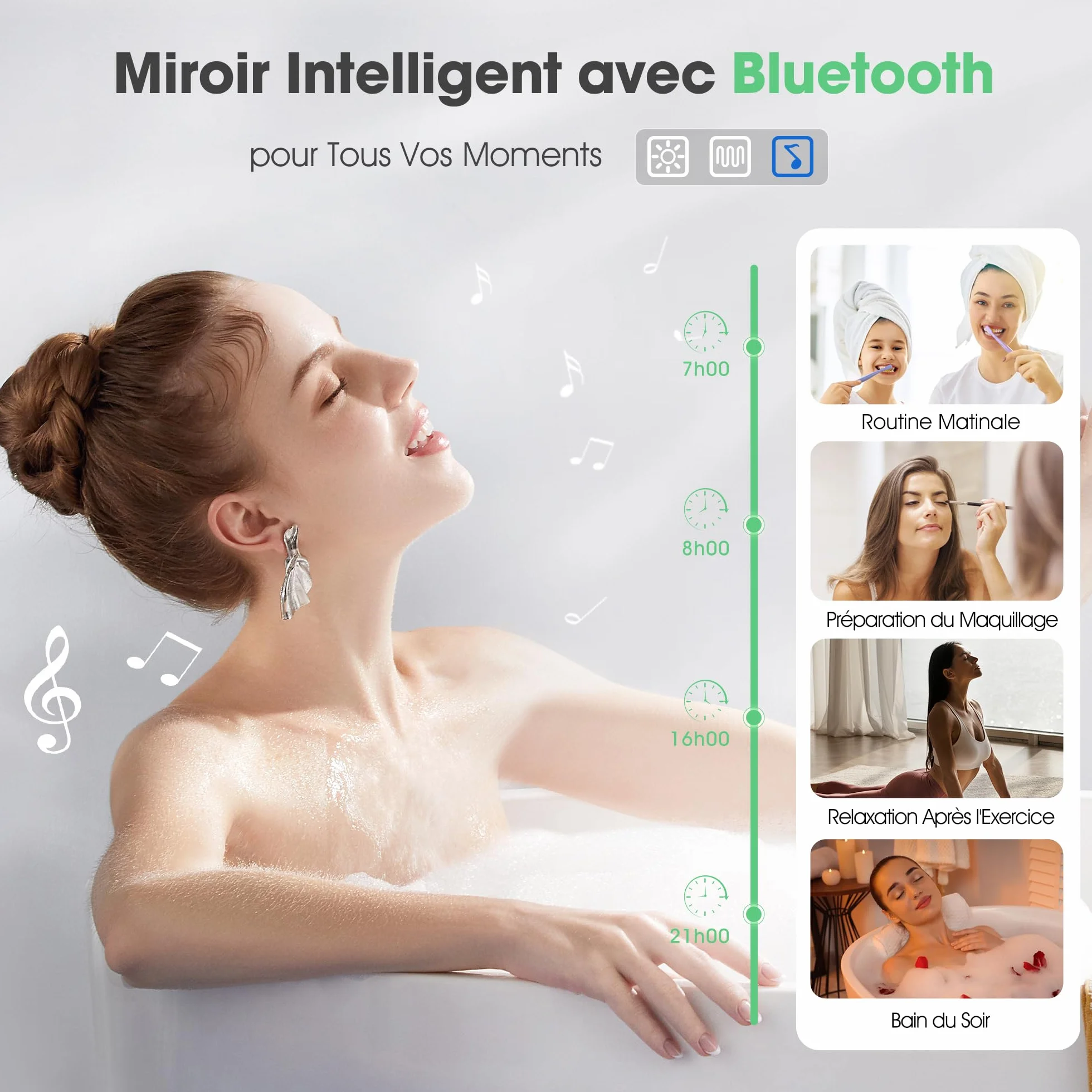 S'bagno Bluetooth-Miroir-Salle-de-Bain-avec-Eclairage-120x70cm, Miroir-LED-Salle-de-Bain Anti-buée, 3000K-6500K, Dimmable, Mémoire, Verre trempé HD, IP44-Miroir-Salle-de-Bain-Led, Horizontal/Vertical