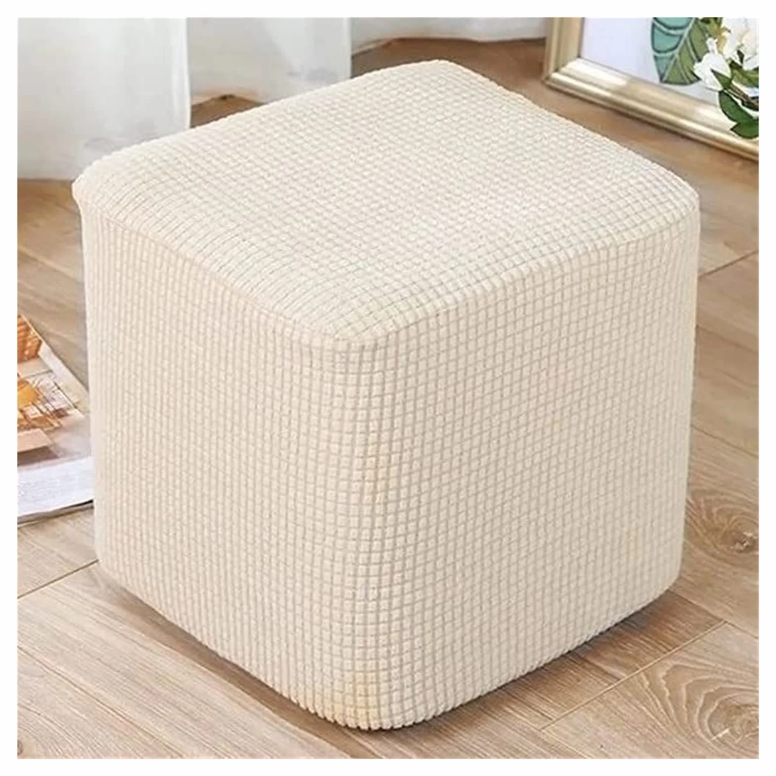 Housse de Pouf Carré 40x40/45x45 Extensible Ottomane en Jacquard Doux avec Fond élastique Lavable en Machine