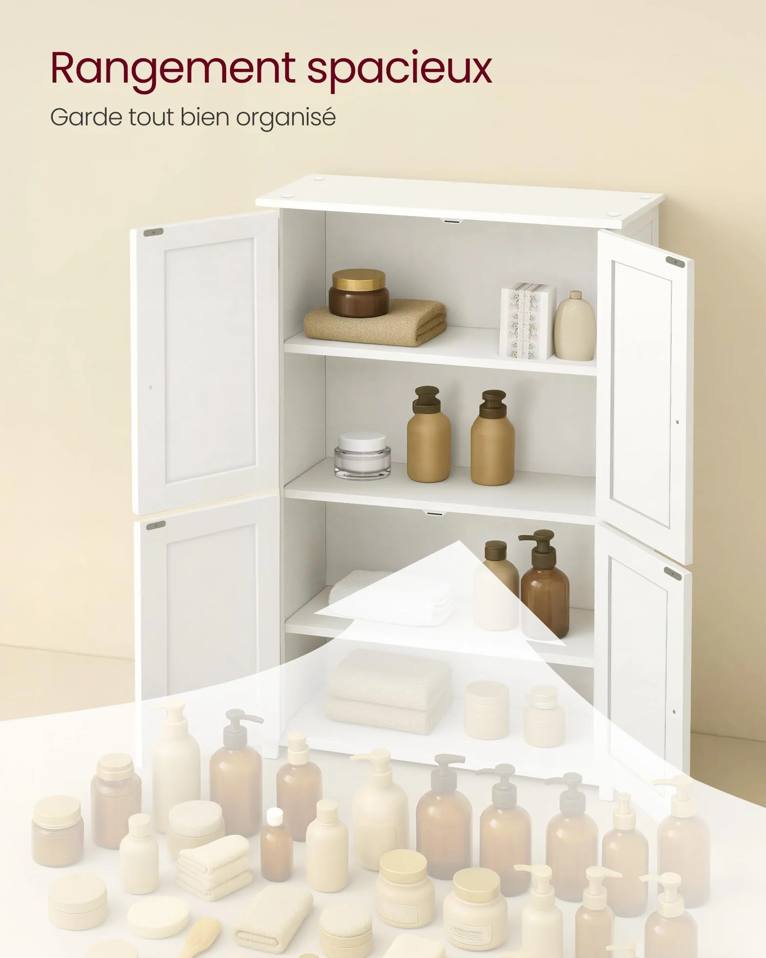 VASAGLE Meuble de Salle de Bain, Armoire de Rangement, Style Shaker, avec 2 Étagères Réglables, 4 Portes, Meuble Haut, pour Cuisine, Blanc Nuage BBC553WH01