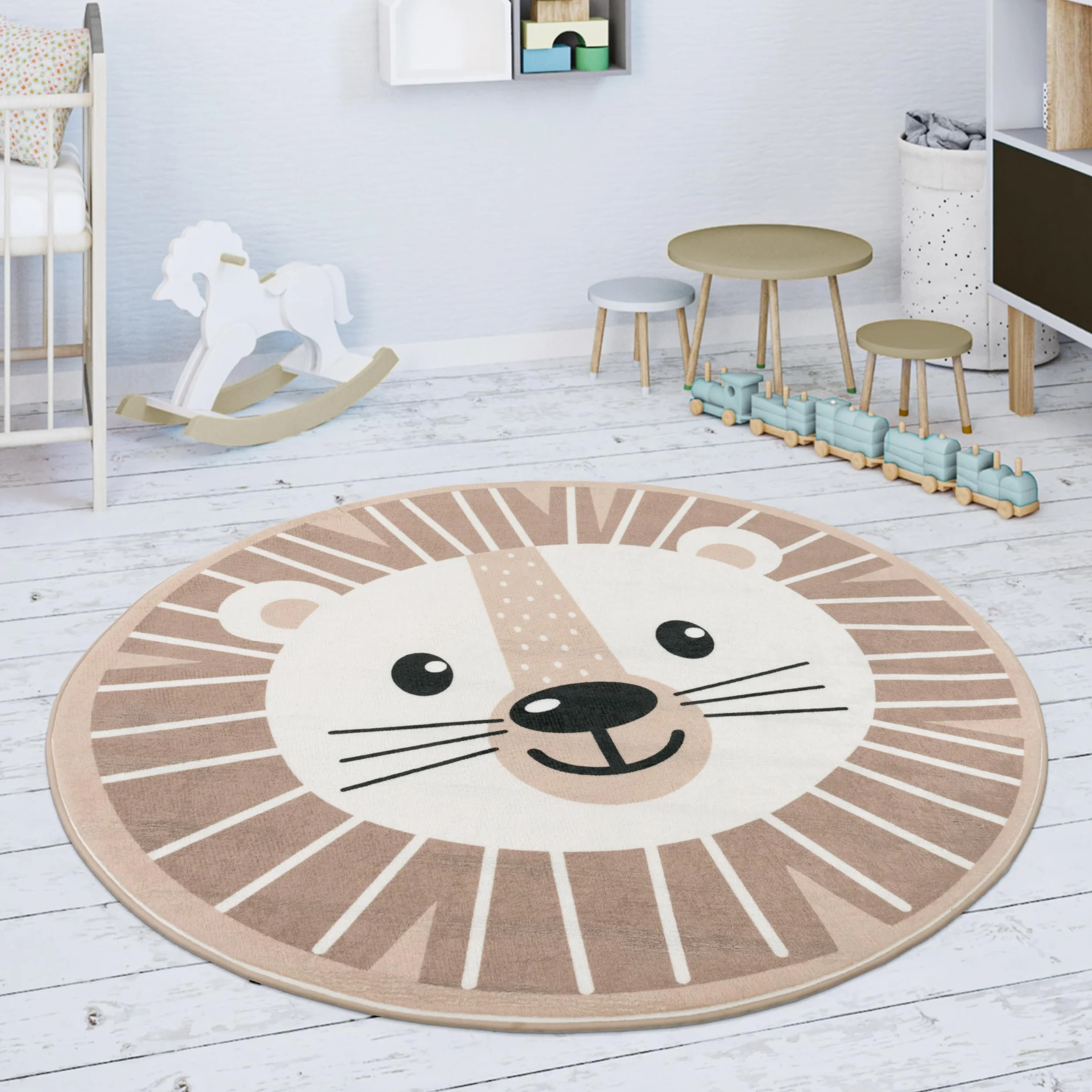 Paco Home Tapis Enfant Rond 120 cm Beige Lune Koala Tête Lion