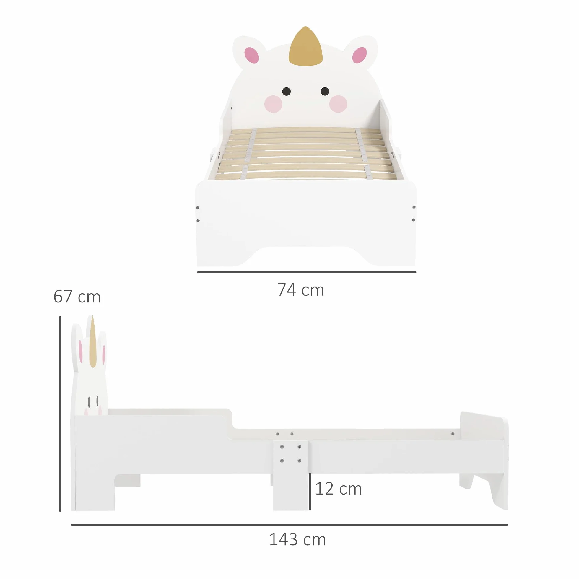 ZONEKIZ Lit Enfant, Design Licorne, 3 à 6 Ans, sommier à Lattes Inclus, 143 x 74 x 67 cm, lit pour Enfant, barrières latérales, Charge Max. 80 kg, Rose