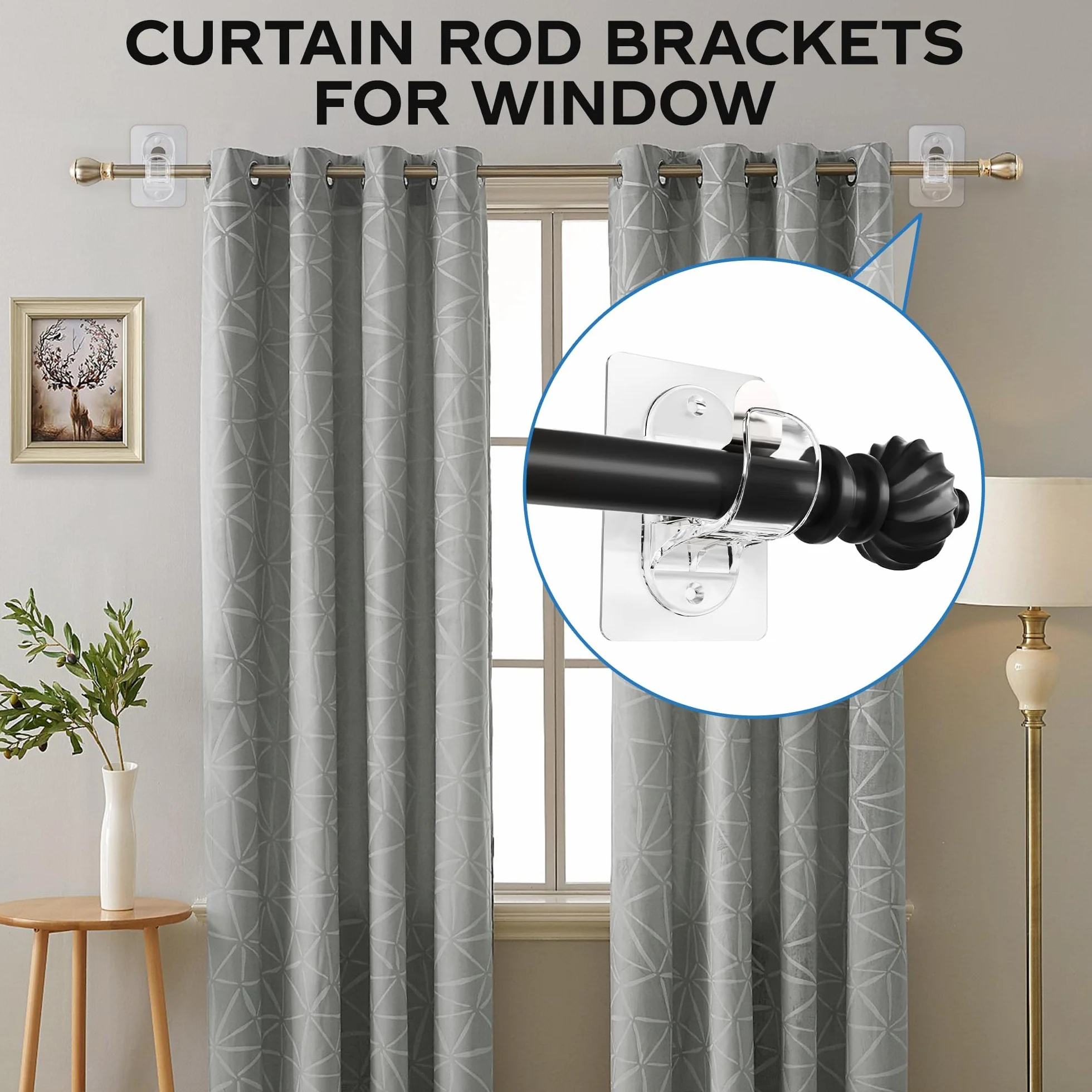 Support de Tringle à Rideaux sans Percage Autocollant Forte Transparent 4 Pièces