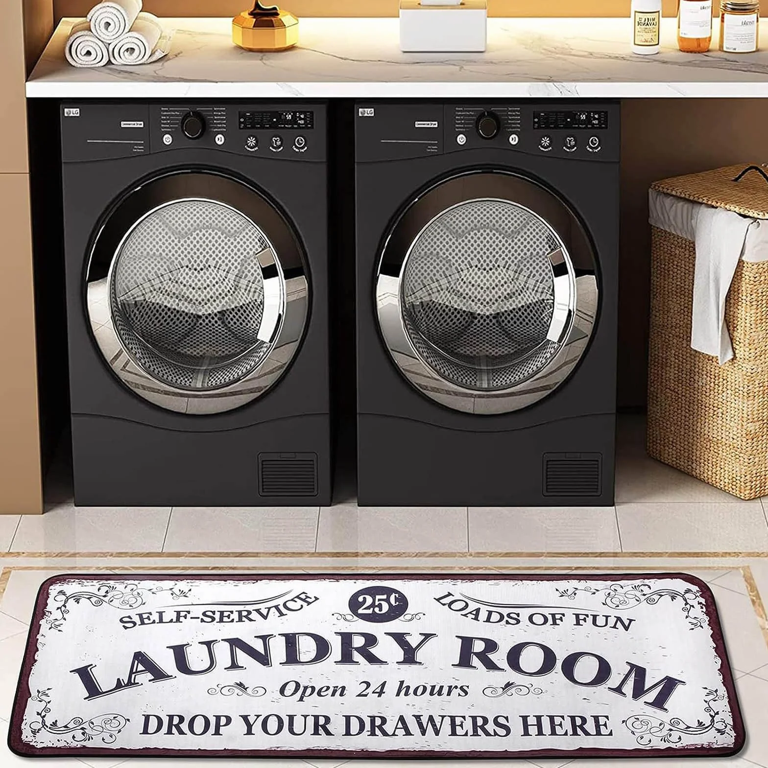 Tapis de buanderie vintage velours antidérapant lavable 50 x 160 cm blanc