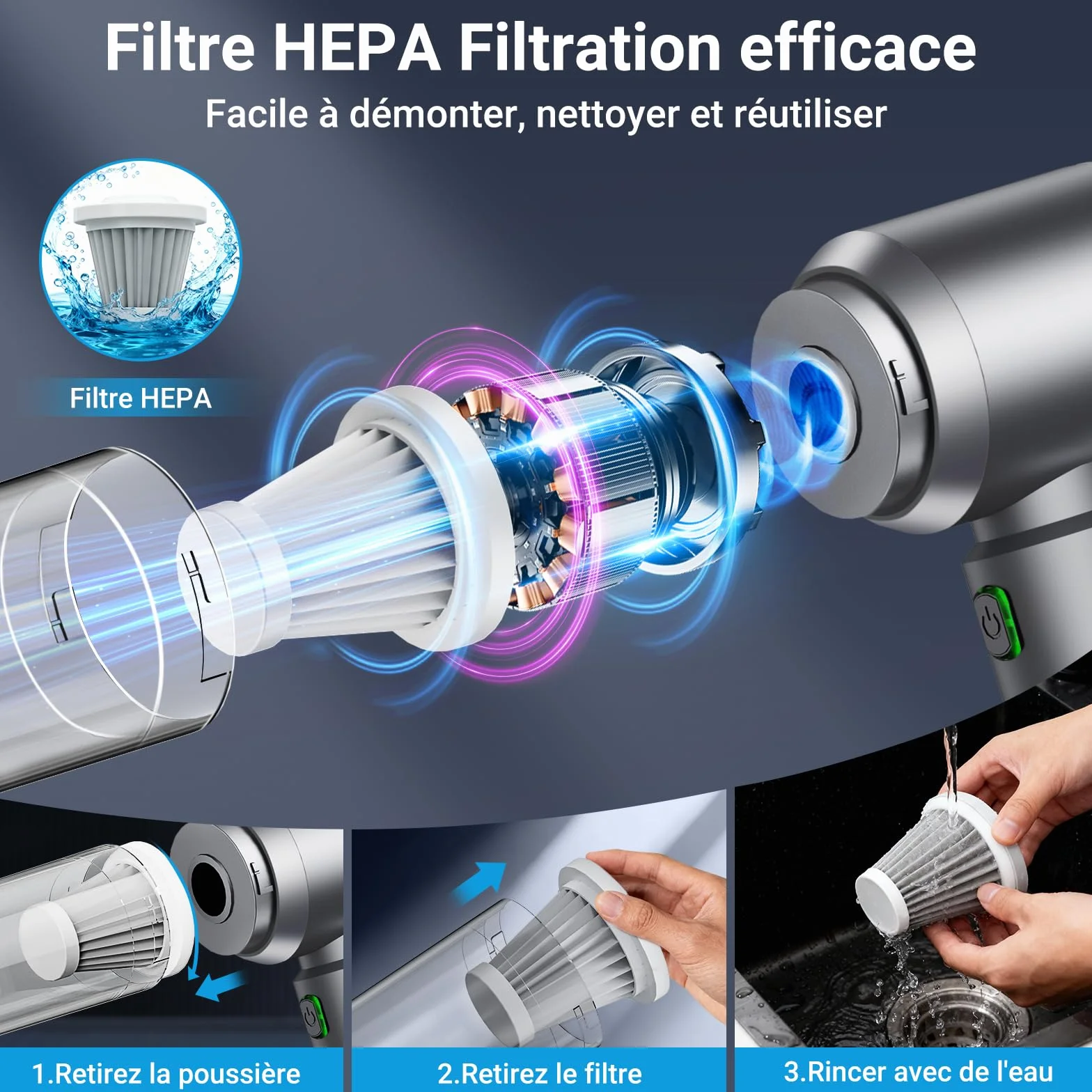 Aspirateur à Main sans Fil 26000Pa, 3 Vitesses Moteur sans Brosse, Mini Aspirateur de Voiture pour Animaux Maison