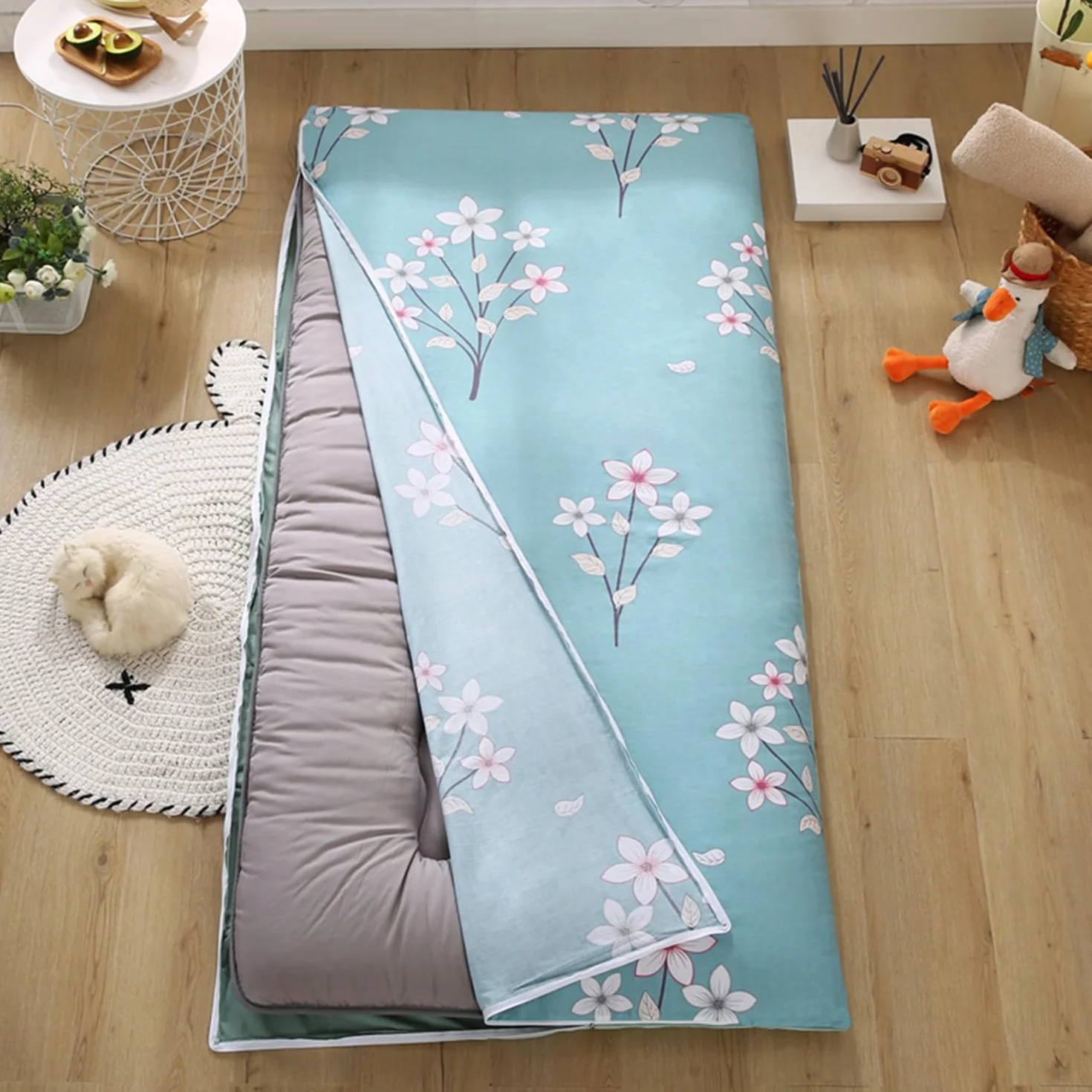 Couvre-Matelas Futon Lavable en Machine, Housse 100% Coton avec Fermeture Éclair, 90x190cm pour Matelas Futon Japonais Traditionnel