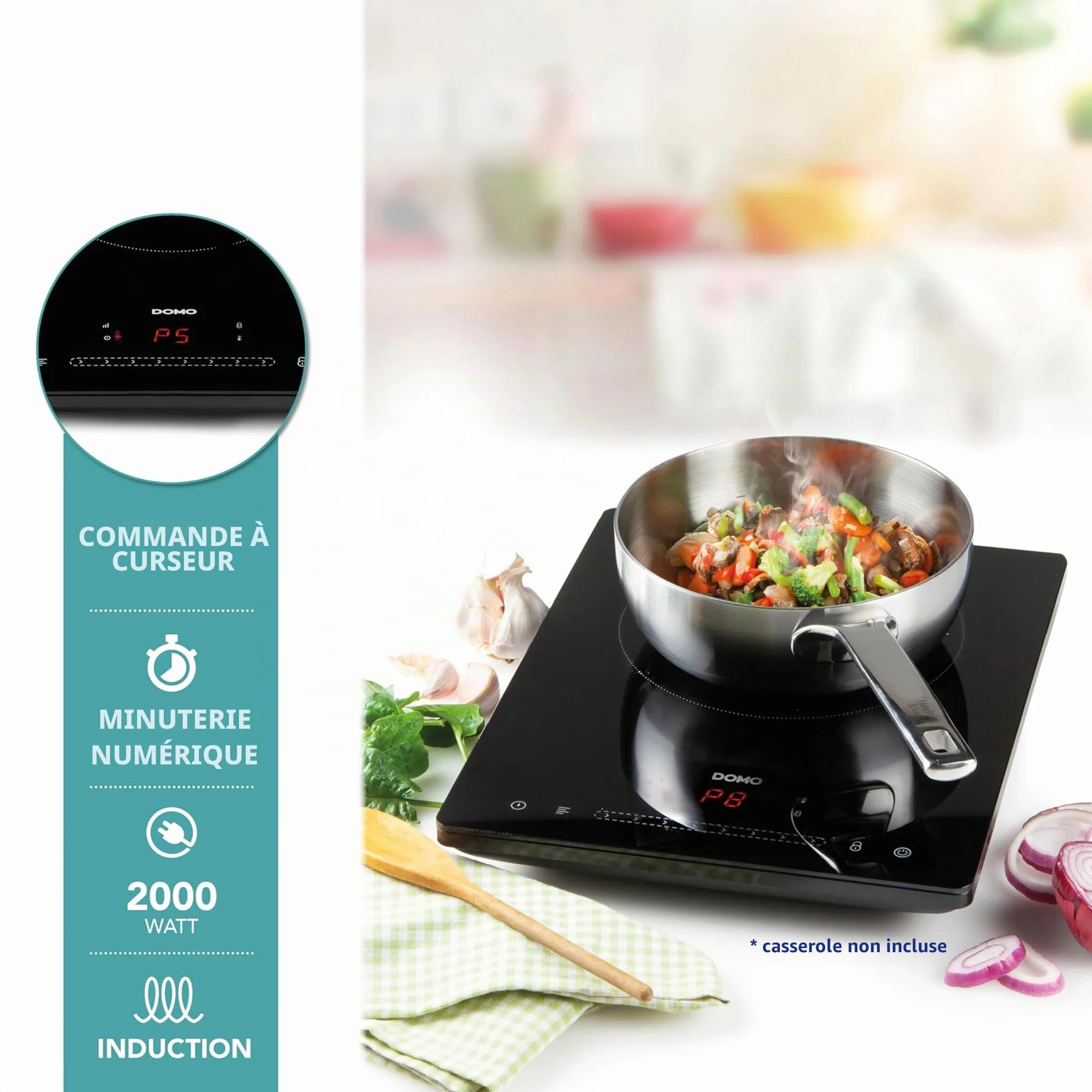 DOMO DO332IP Plaque Induction - Écran LED - Plaque de cuisson 1 feu - Ø 20 cm - Arrêt automatique - Sécurité enfants - Noir