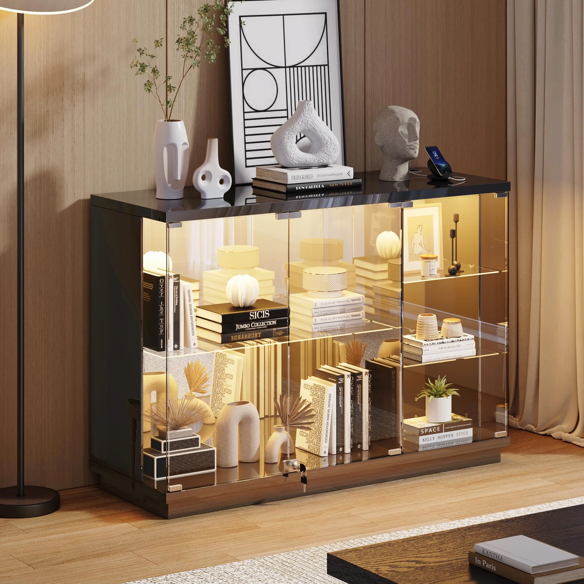 Lvifur Vitrine en verre - Éclairage LED et portes en verre - Armoire en verre - Cabinet d'affichage avec capteur intelligent - 3 couches - Étanche à la poussière - Pour salon, chambre à coucher