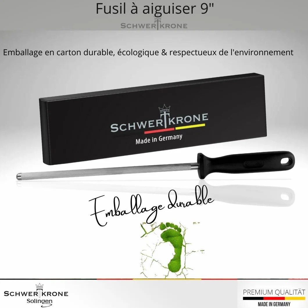 SCHWERTKRONE® Fusil à Aiguiser Solingen Acier Inoxydable Made in Germany - Sharpening Steel Chrome Vanadium pour Couteaux de Cuisine