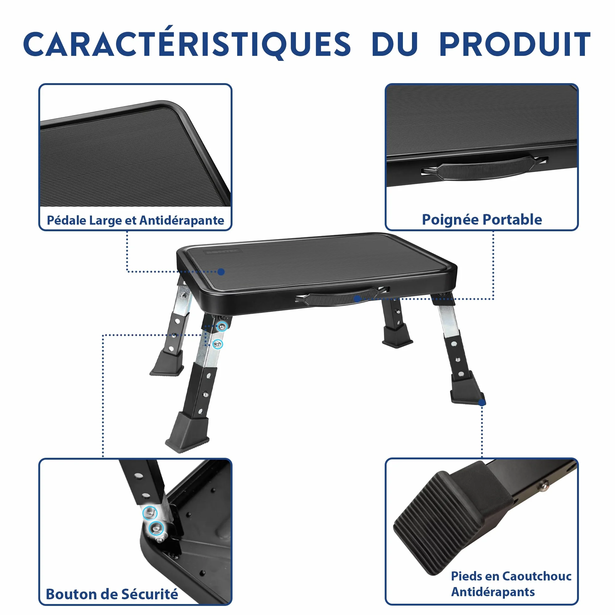 BONTEC Marchepied Pliable à 3 Marches, Capacité 150 kg, Marches Antidérapantes, Pieds en Caoutchouc, Tabouret Pliant Portable, Idéal pour Cuisine, Salle de Bain, Camping Car, Marche Pied Enfant