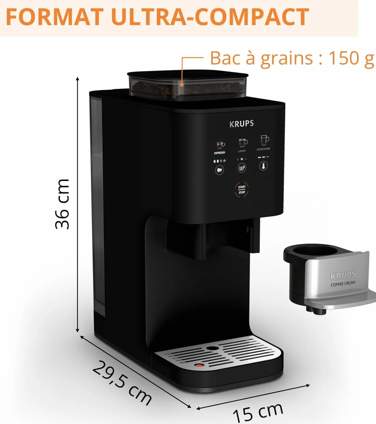 KRUPS Coffee Crush Extra, Machine à café à grains, ultra compacte, nettoyage facile, noir, SA4028E0