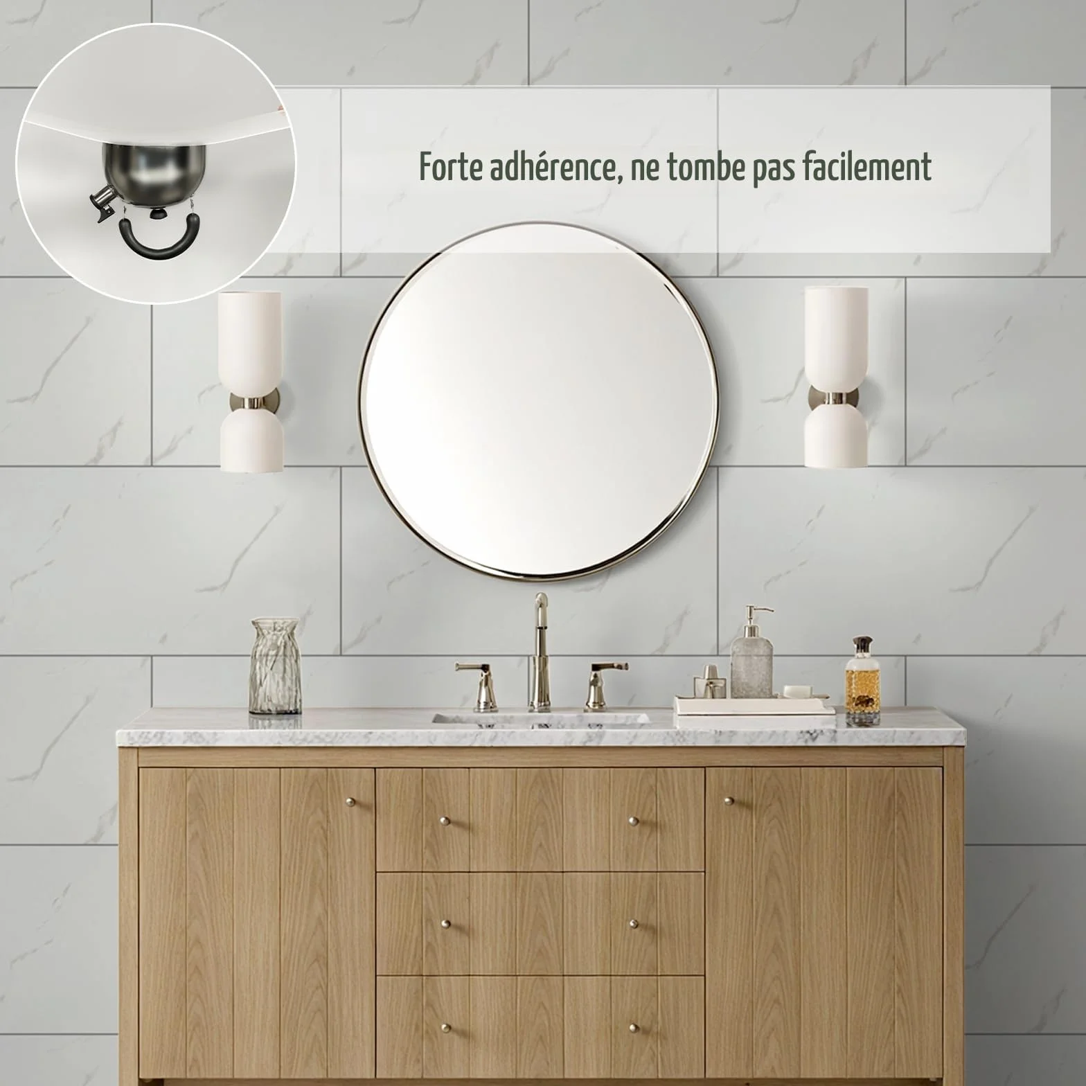 10 Pièces Credence Adhesive Cuisine 60 x 30 cm, Marbre Carrelage Adhesif Mural Salle de Bain PVC Blanc