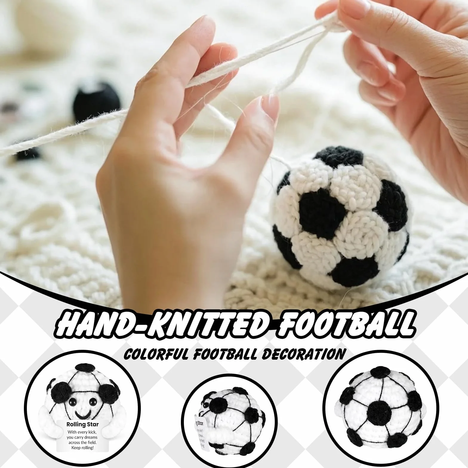 Football avec Message Positif Tricotée Poupée en Laine avec Porte-clés Carte de vœux