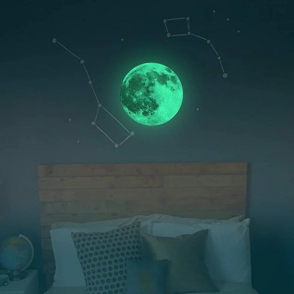 Grande LUNE phosphorescente 30x30 cm Stickers étoiles autocollantes lune lumineuse murale Déco fluorescente chambre