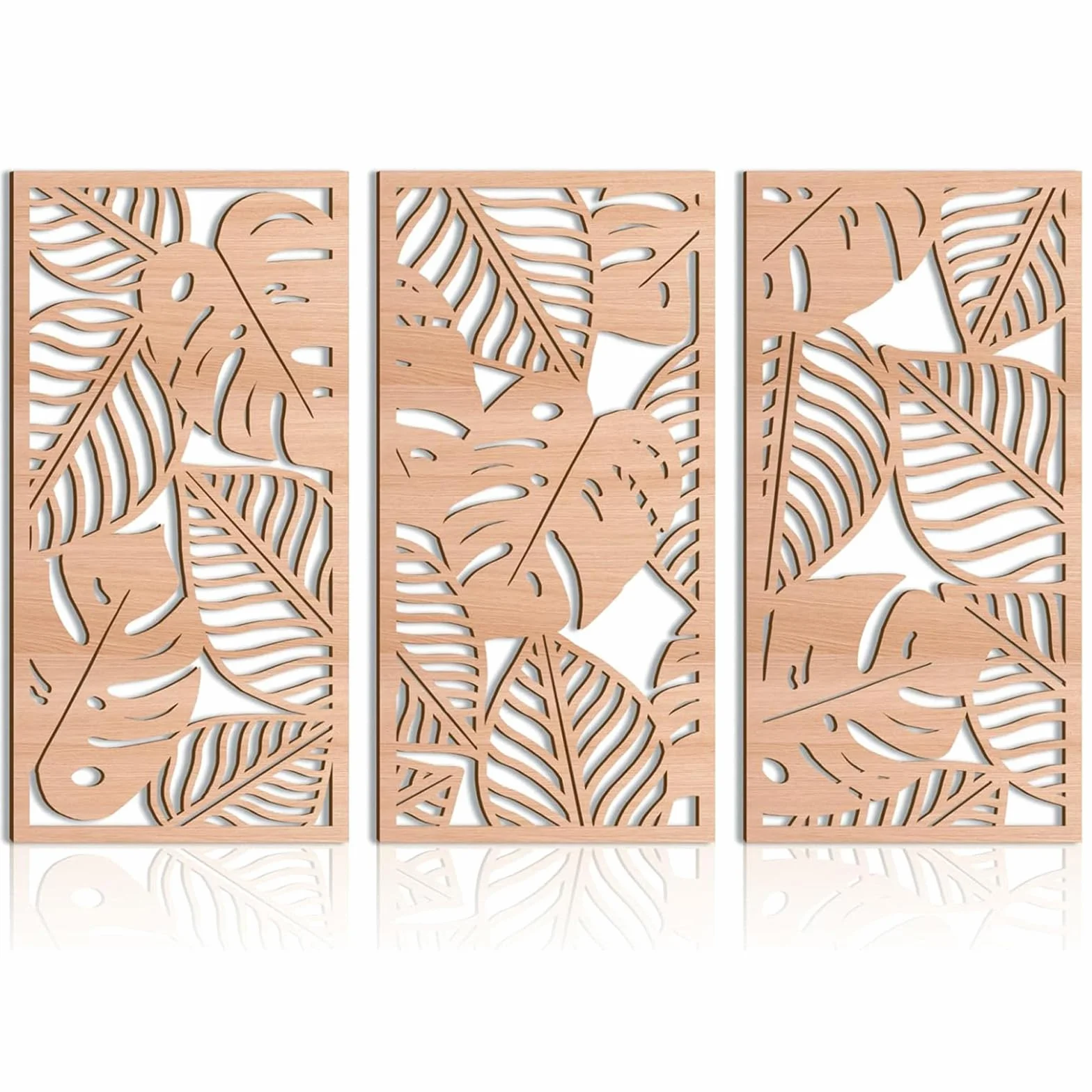 3 Pièces Sculpture Murale en Bois Naturel Monstera - Décor Mural Tropical Style Boho Chic