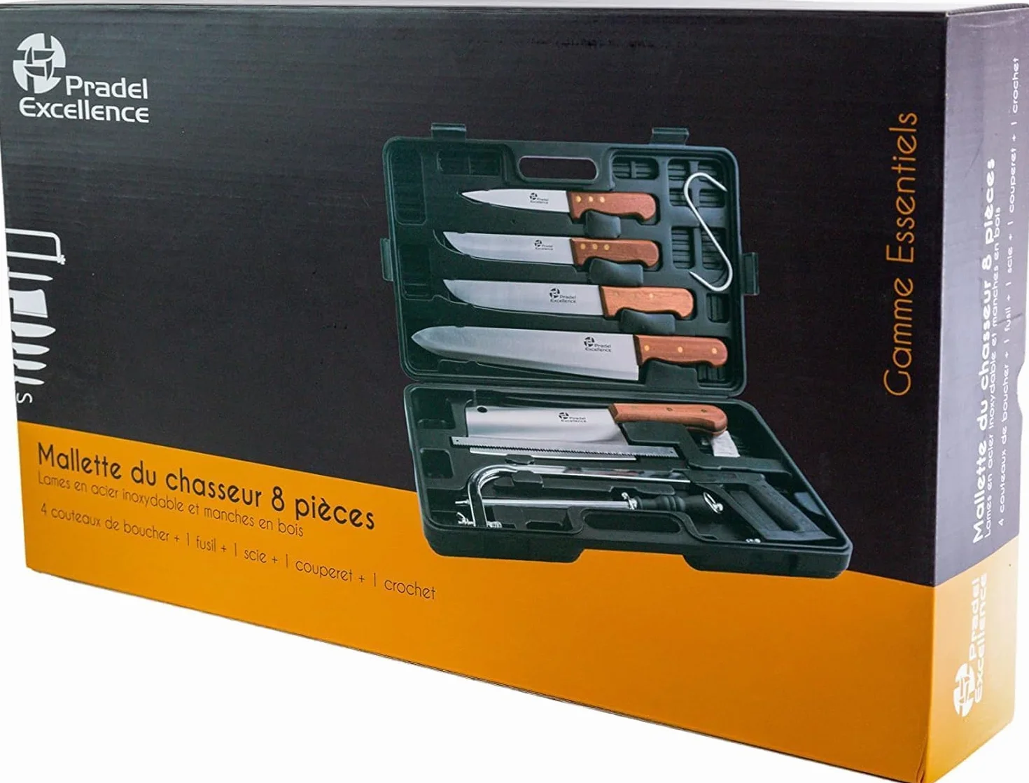 Pradel Excellence - PCOT001008 - Mallette Couteaux de Chasse 8 Pièces - 4 Couteaux + 1 Couperet + 1 Scie + 1 Crochet + 1 Fusil d’Affûtage - Lames Inox - Manches Rivetés en Bois de Rose