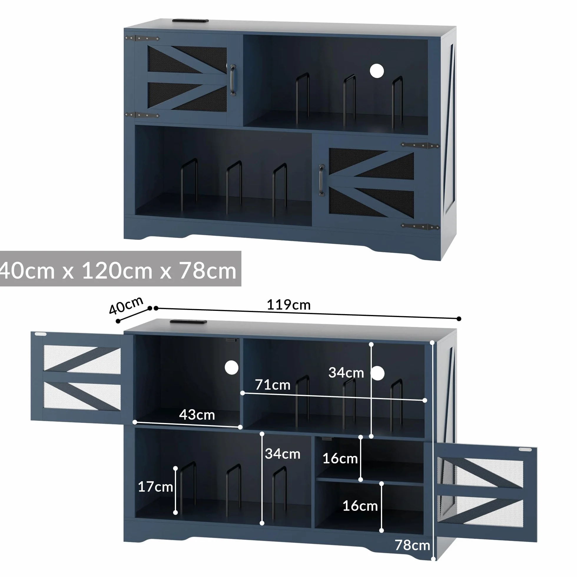 MDF Meuble pour disques vinyles avec finition noyer, support pour 500 vinyles, 2 prises et 2 USB, anti-retournement, meuble compact pour salon et tourne-disques, couleur bleue (120 x 40 x 80 cm