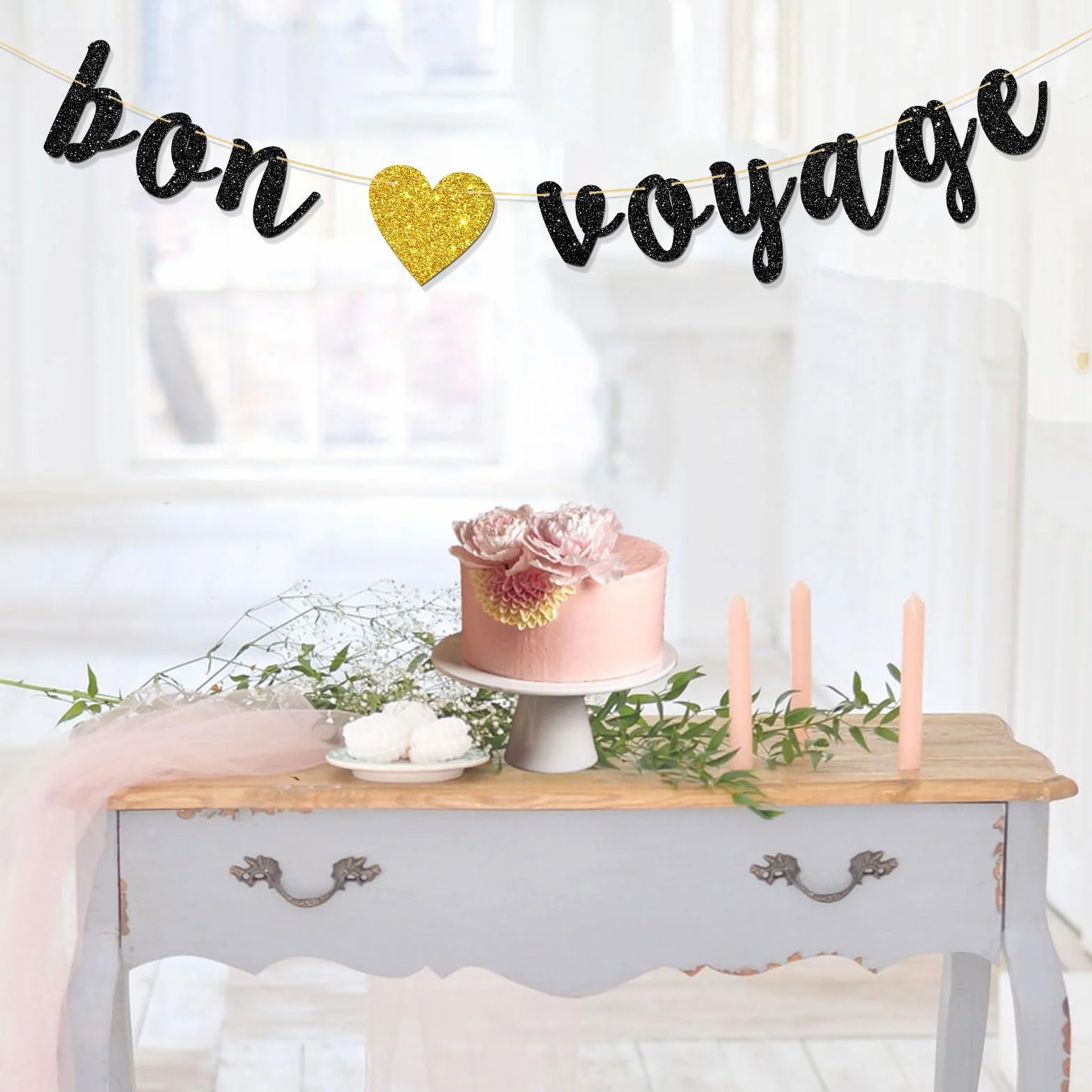 Bannière Bon Voyage – Banderole de fanions de fête thème voyage – The Adventure Begin – Décorations adieu – Paillettes noires