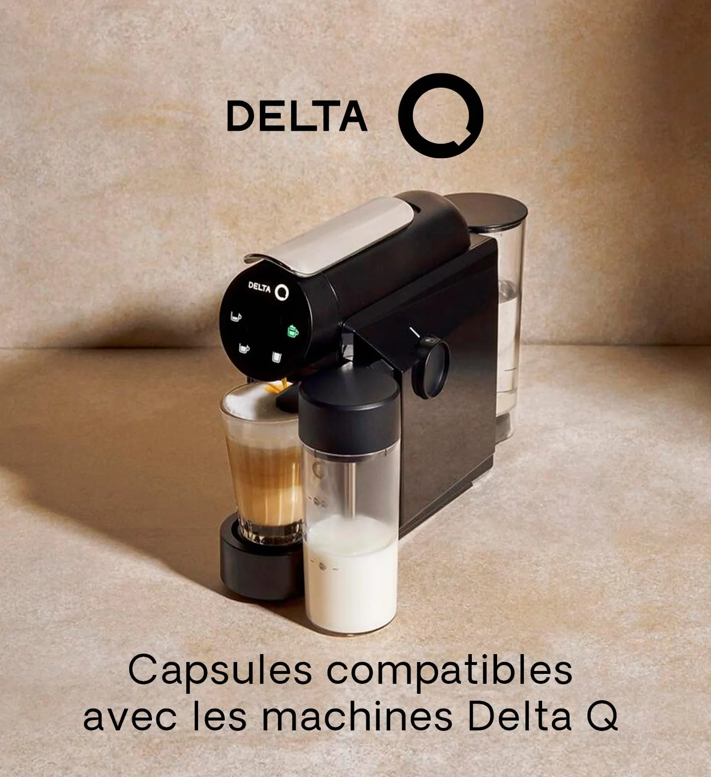 Delta Q Machine Mini MilkQool Noire, Réservoir à Lait, Inclus 90 Capsules | 20 Bars de Pression, Réservoir 0,6 L, Inclus 2 x 40 Capsules de Café Qalidus et 10 Caps Décaféinées