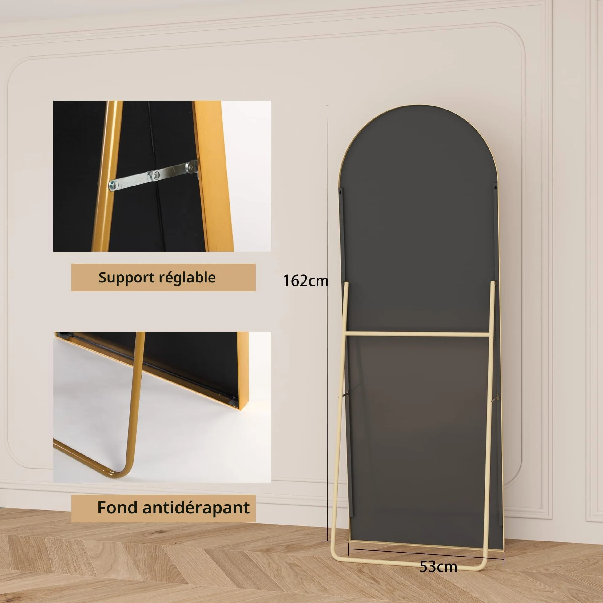 Miroir complet cadre aluminium doré 162 x 53 cm suspendre mur poser coins arrondis