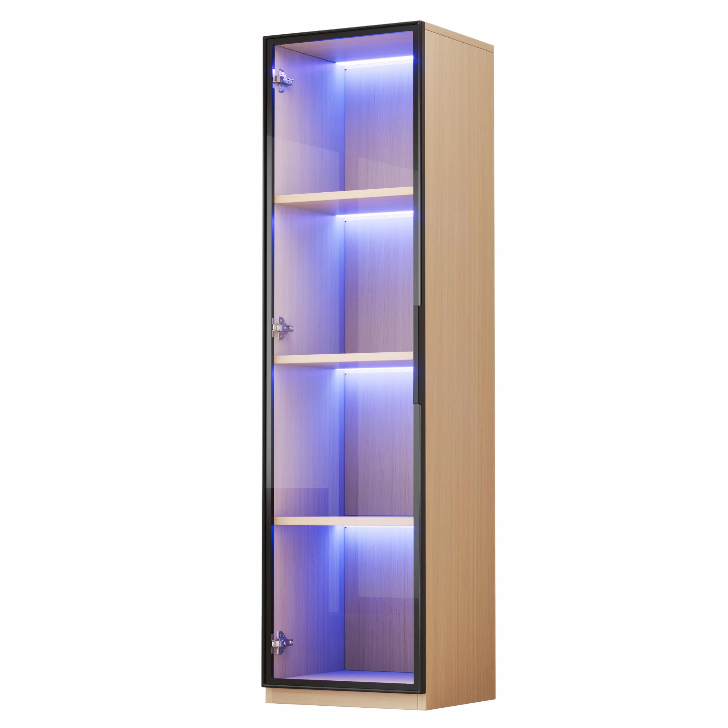 Merax Vitrine avec porte en verre 40×40×165 cm, meuble haut étroit en MDF aspect chêne, avec verre trempé, LED, meuble d'exposition pour salon bureau, couleur bois